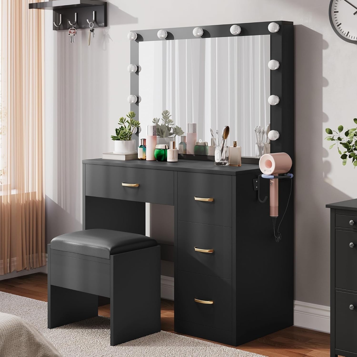 Black Vanity Set with Lighted Mirror Desk 4 Drawers Stool Power Outlet Station