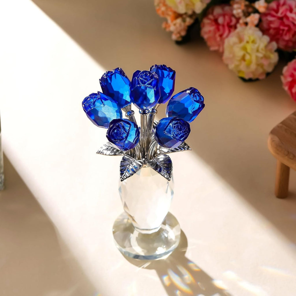 Crystal Blue Rose Bouquet Figurine Gift Ornament Glass Floral Collectible Decor