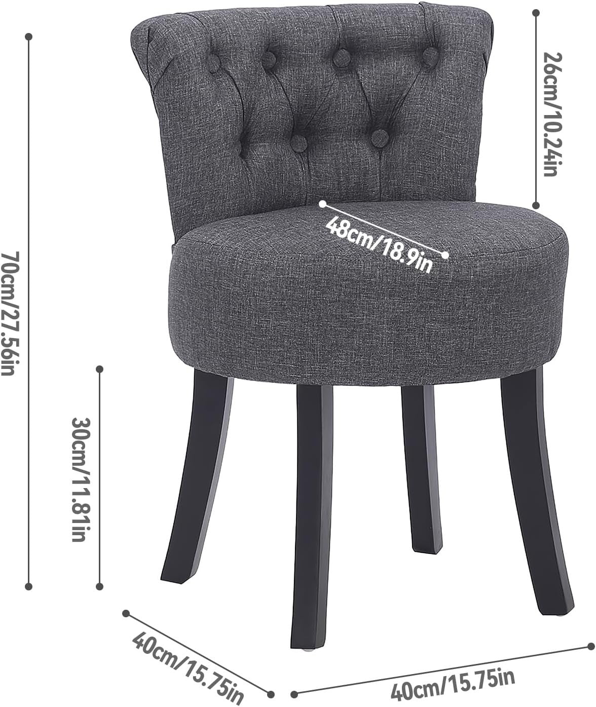 Dark Grey High-Back Dressing Table Chair, Comfy Linen Vanity Seat Wooden Legs