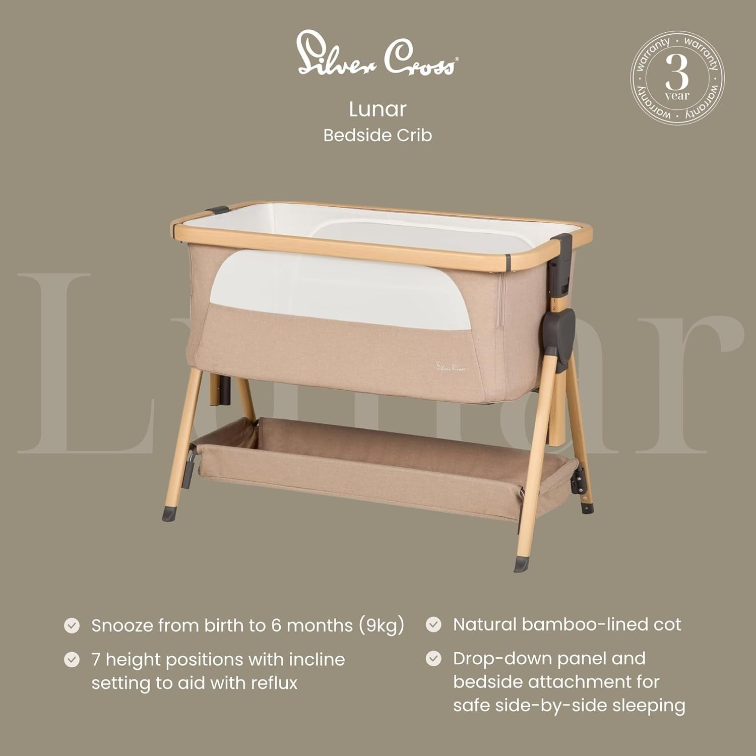 Bedside Baby Crib with Mattress 7 Height Adjustable Travel Cot Storage Beige