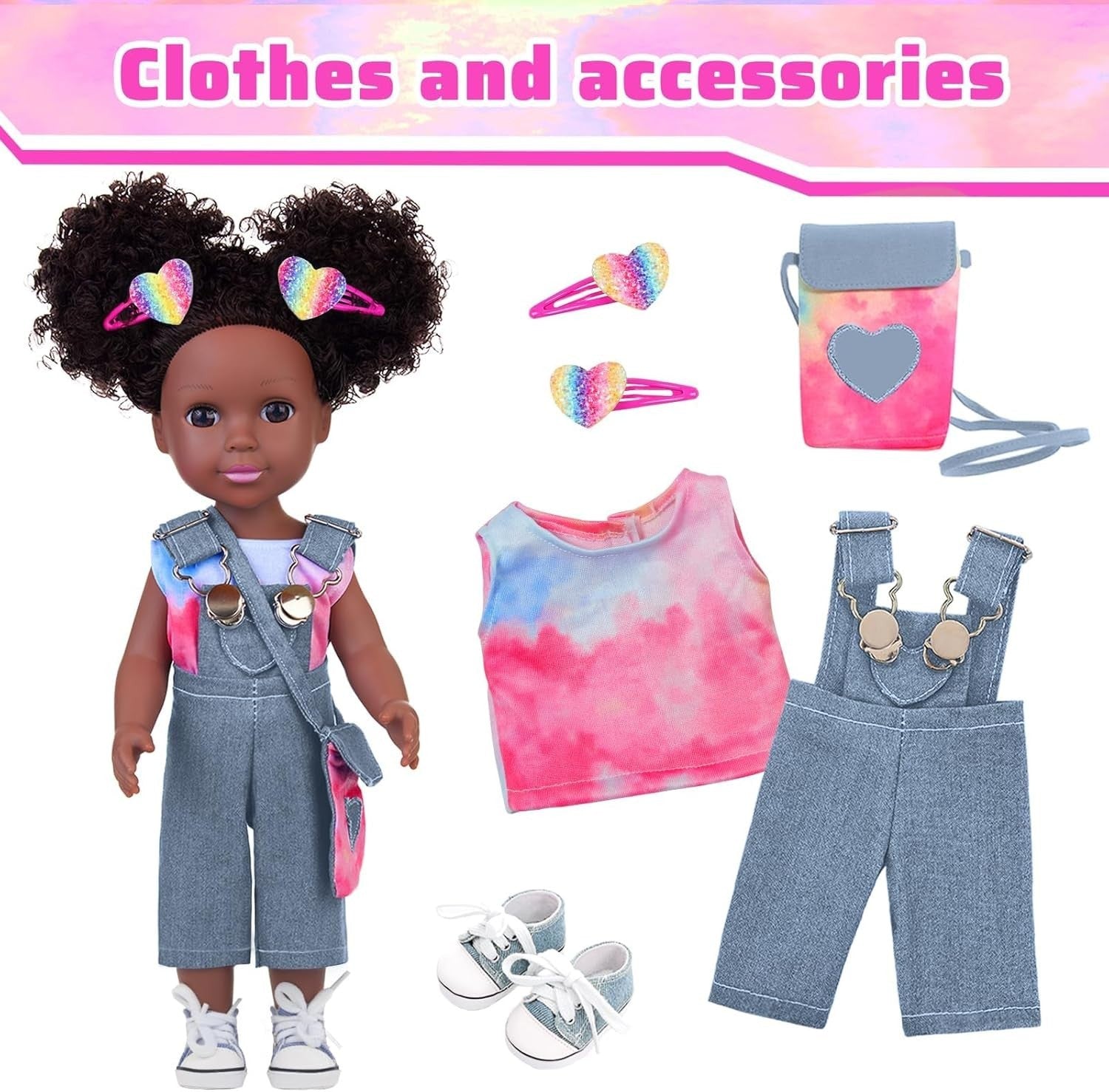 14.5” Black Baby Doll Silicone Girl Rainbow Outfit Accessories