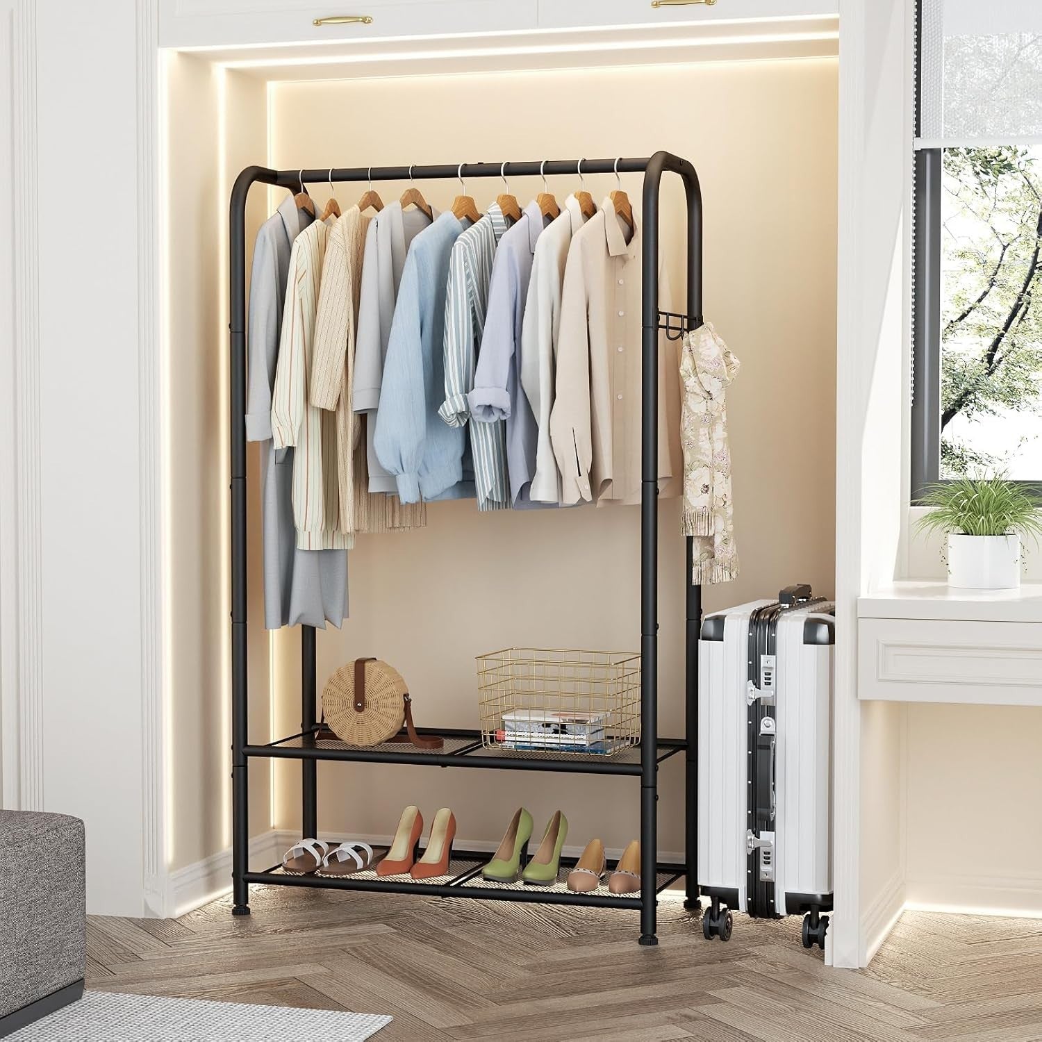 Rolling Clothes Rail with Shelf – Heavy Duty Black Rack 81×30×183cm