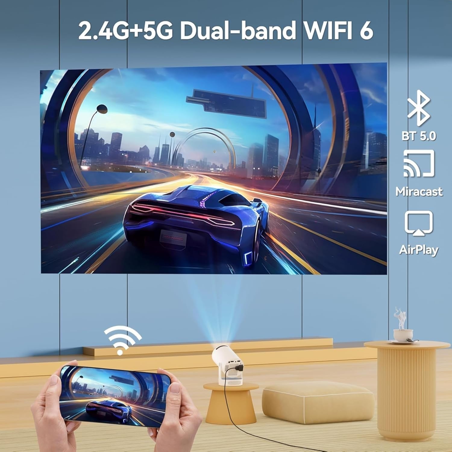 WiFi 6 Mini Projector 1080P 4K Support Bluetooth 180° Portable