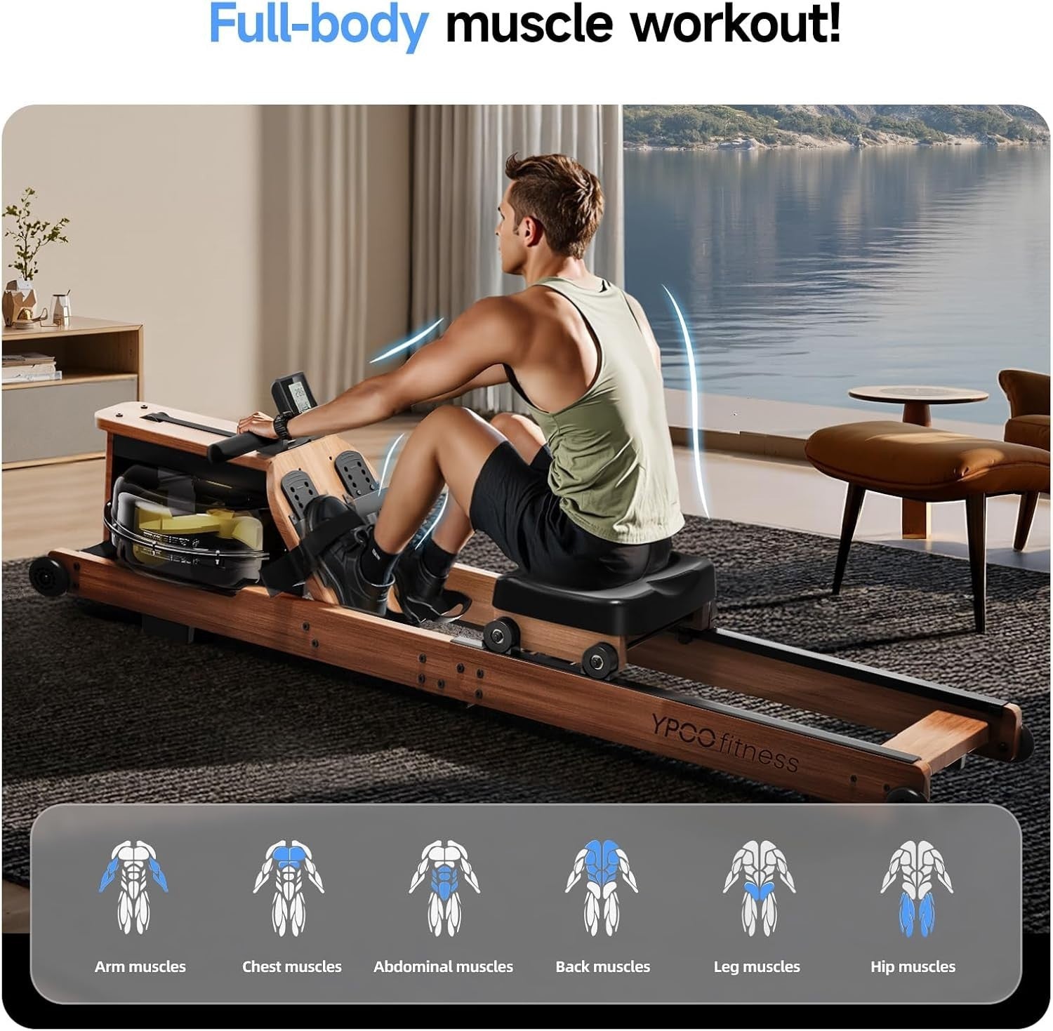 Wooden Water Rowing Machine 6-Level Resistance Bluetooth LCD Home Rower