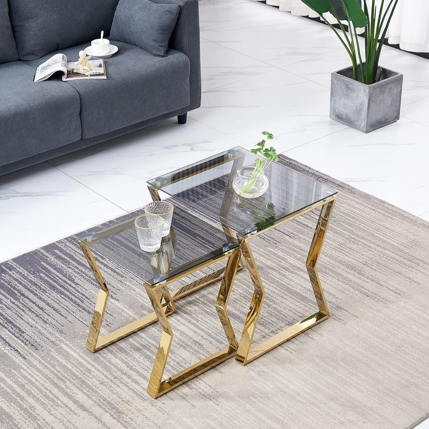 Luxury Nesting Coffee Tables Set of 2 Gold Metal Gray Glass Side End Stackable