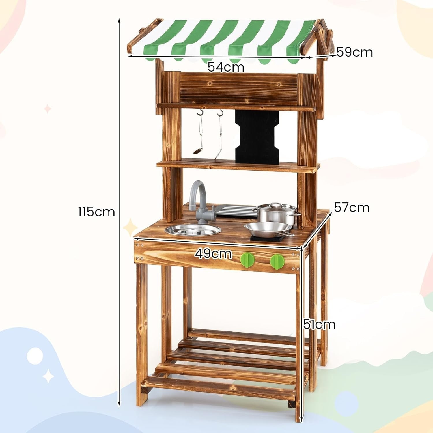 Kids Mud Kitchen BBQ Playset Canopy Chalkboard Wooden Toy