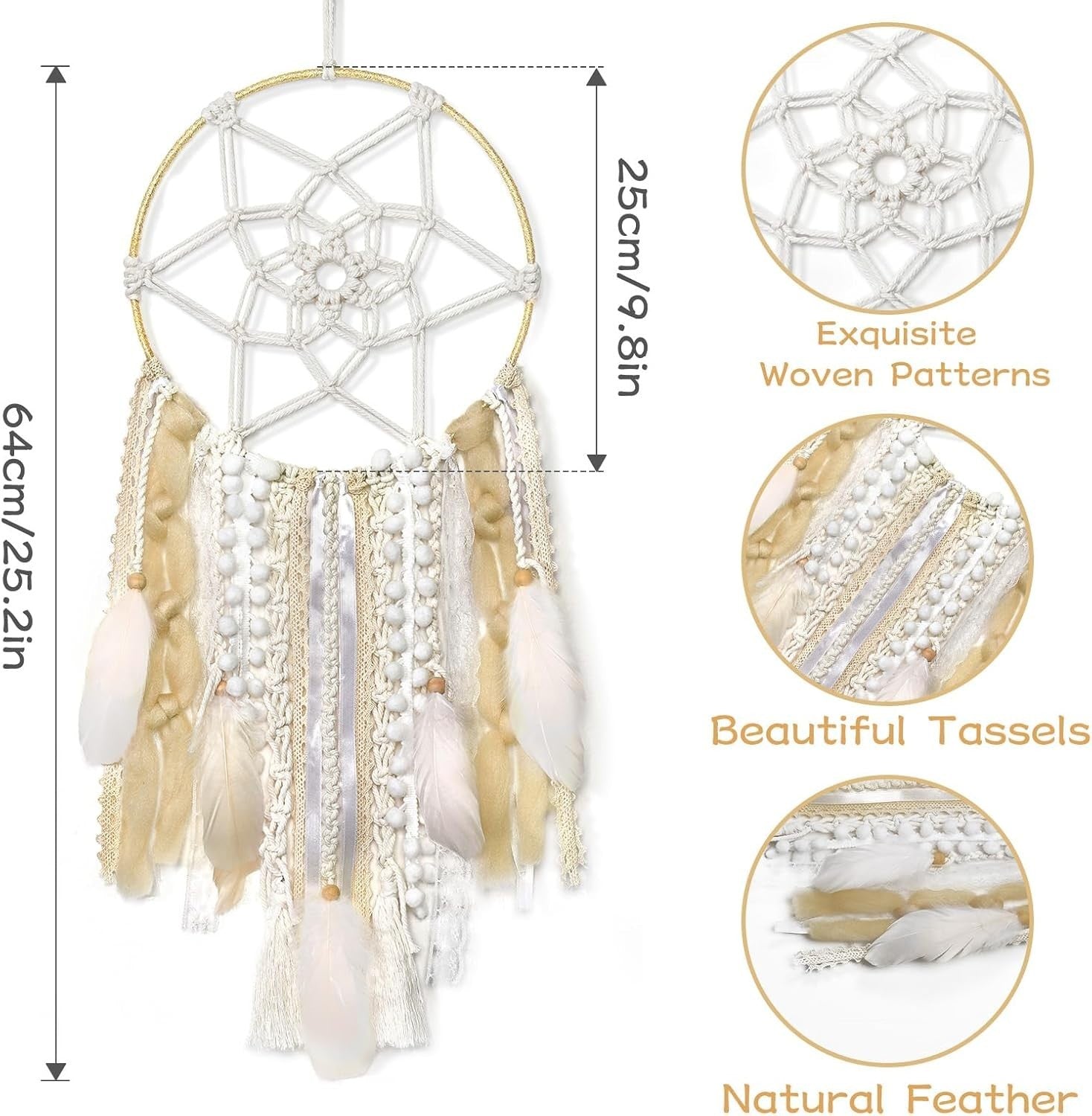 Boho Dream Catcher 64cm Woven Beige Feather Wall Hanging Decor