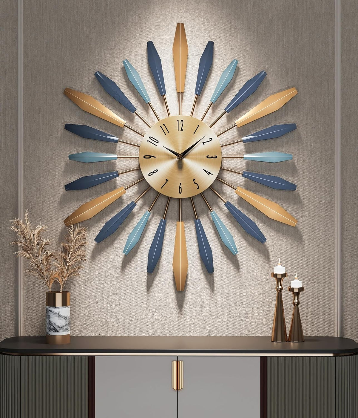 Modern Silent Wall Clock 55cm Large Metal Sunburst Design Home Decor