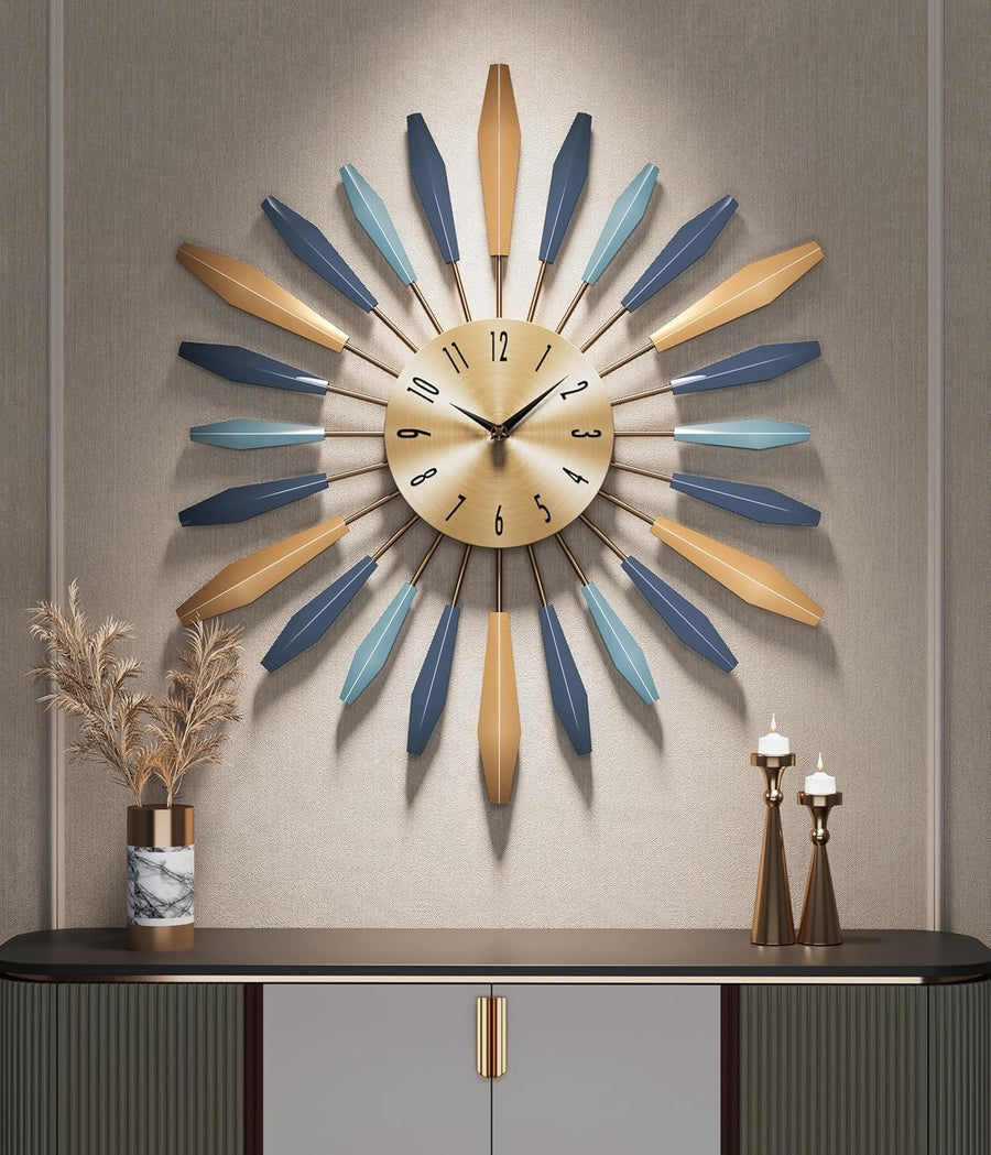 Modern Silent Wall Clock 55cm Large Metal Sunburst Design Home Decor
