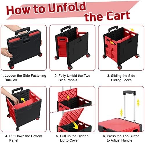 Foldable Grocery Shopping Trolley Cart Box 50Kg with Lid Portable Red