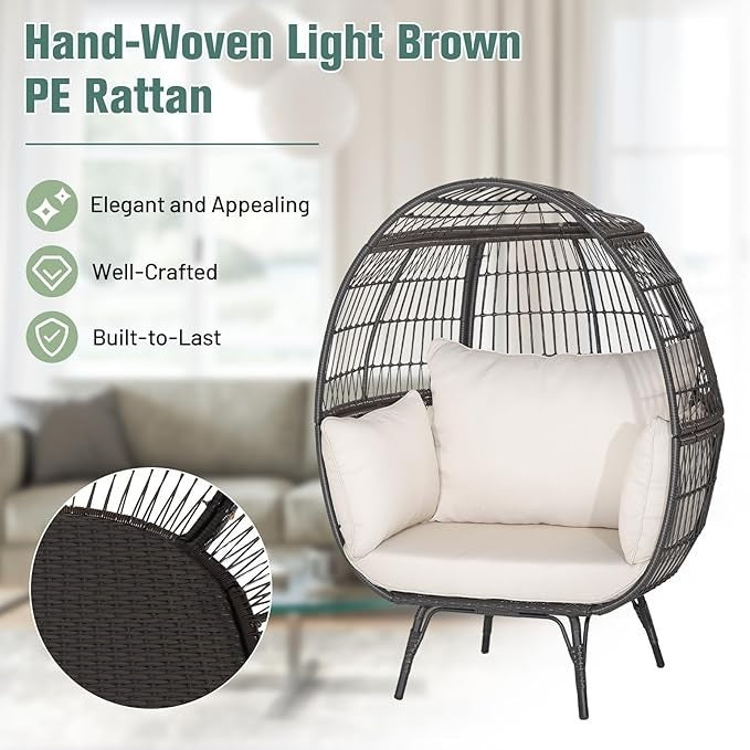 Oversized Rattan Egg Chair w/ Cushions Indoor Outdoor Lounge 450lbs Capacity