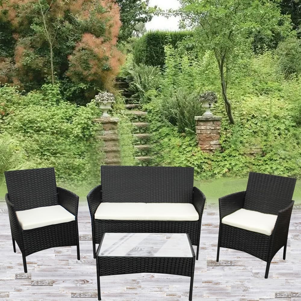 Outdoor Rattan Garden Sofa Set 4-Seater with Cushions & Glass Coffee Table
