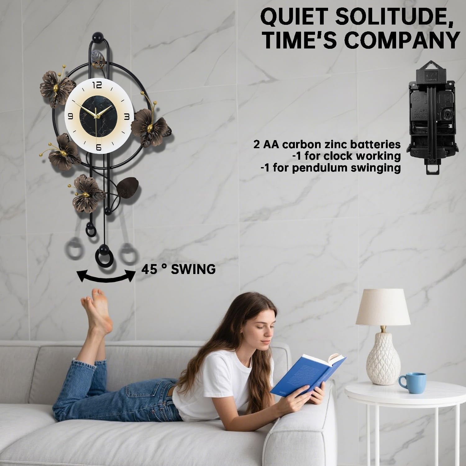 Large 75cm Wall Clock Modern Metal Floral Design Silent Quartz Pendulum White