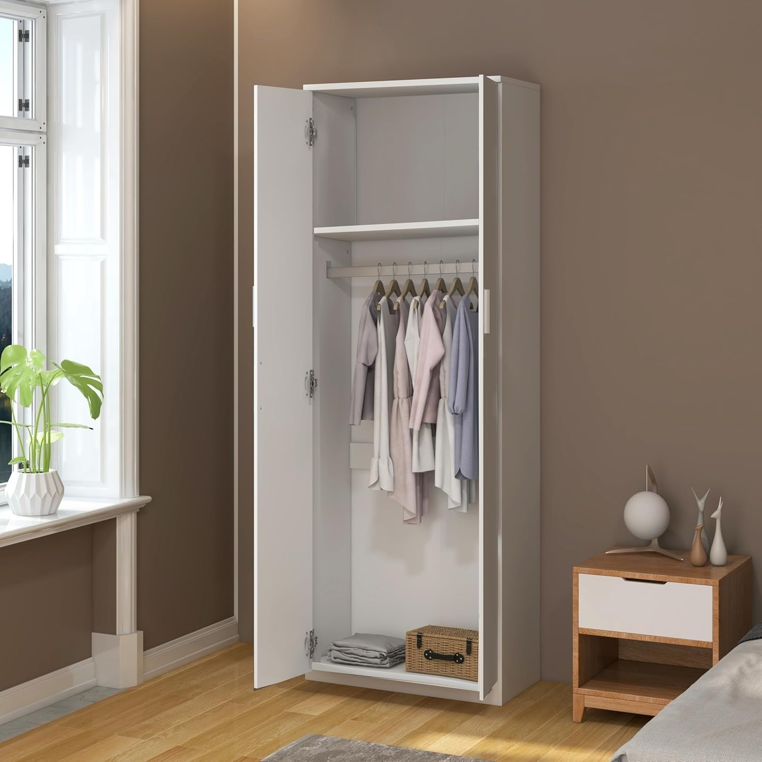 Tall White Mirrored Wardrobe 2 Door Closet Storage with Hanging Rail