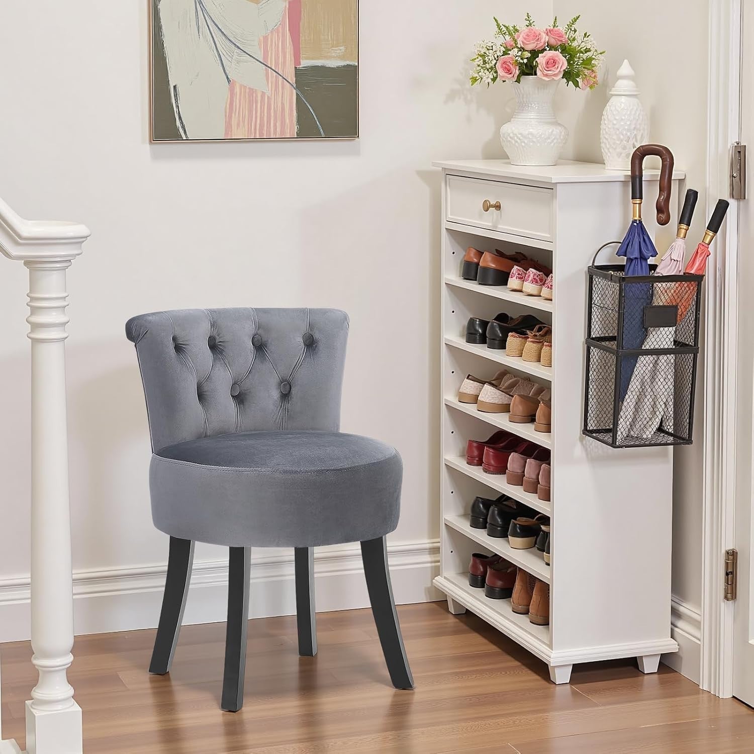 Grey Velvet High-Back Vanity Stool with Wooden Legs – Comfy Dressing Chair