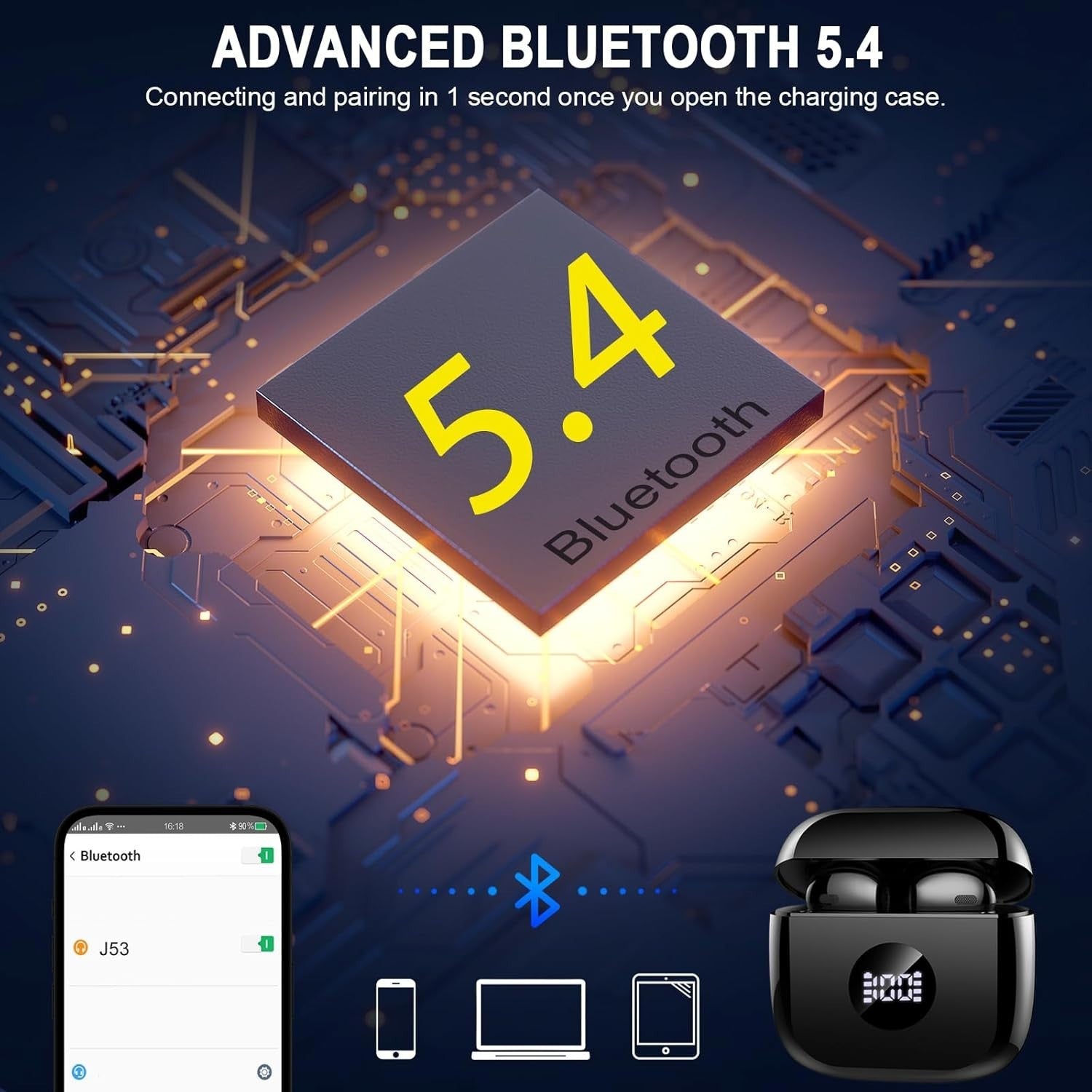 Bluetooth 5.4 Earbuds ENC Mic 40H Playtime Deep Bass IP7 Waterproof