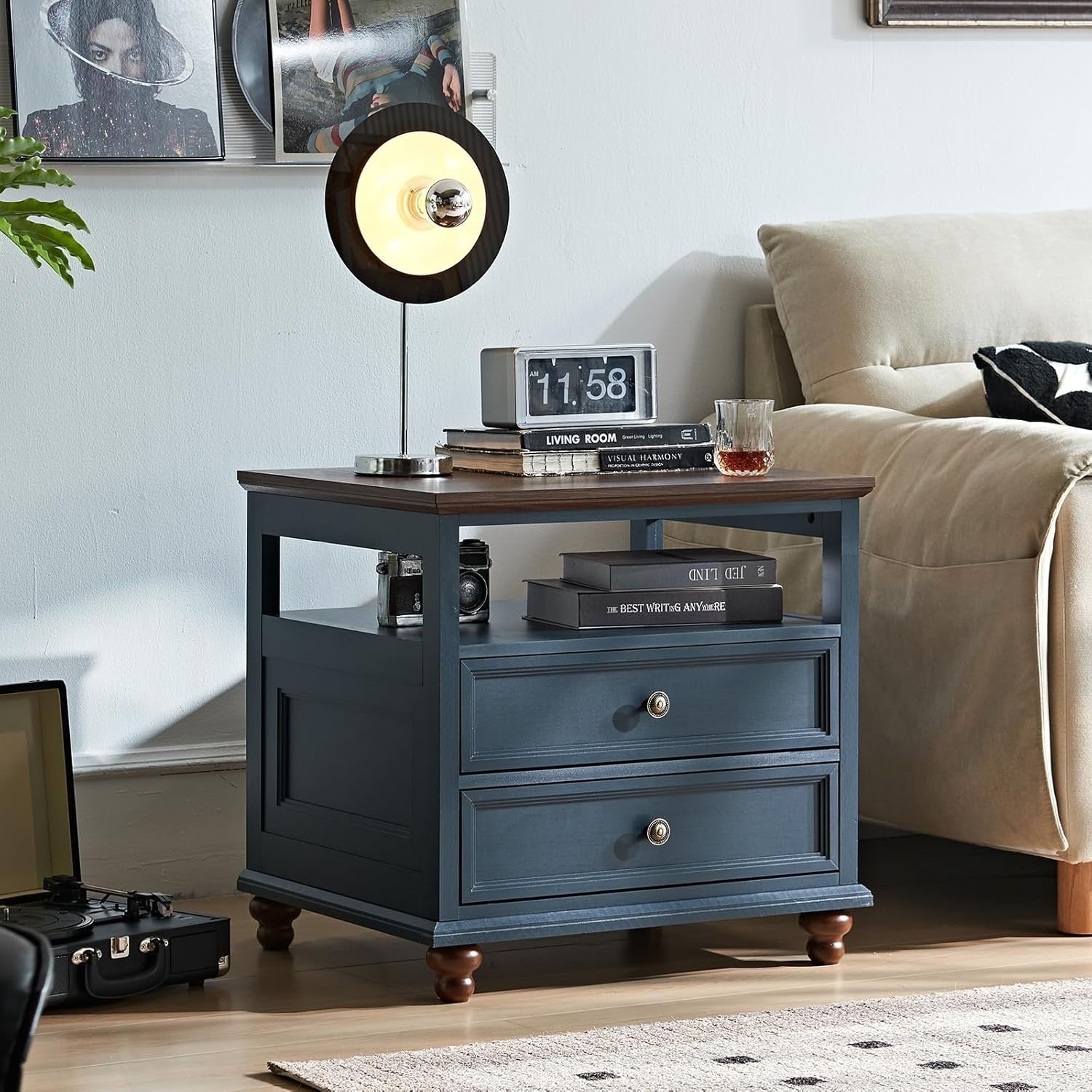 Blue Wooden Bedside Table with Drawers & Open Shelf