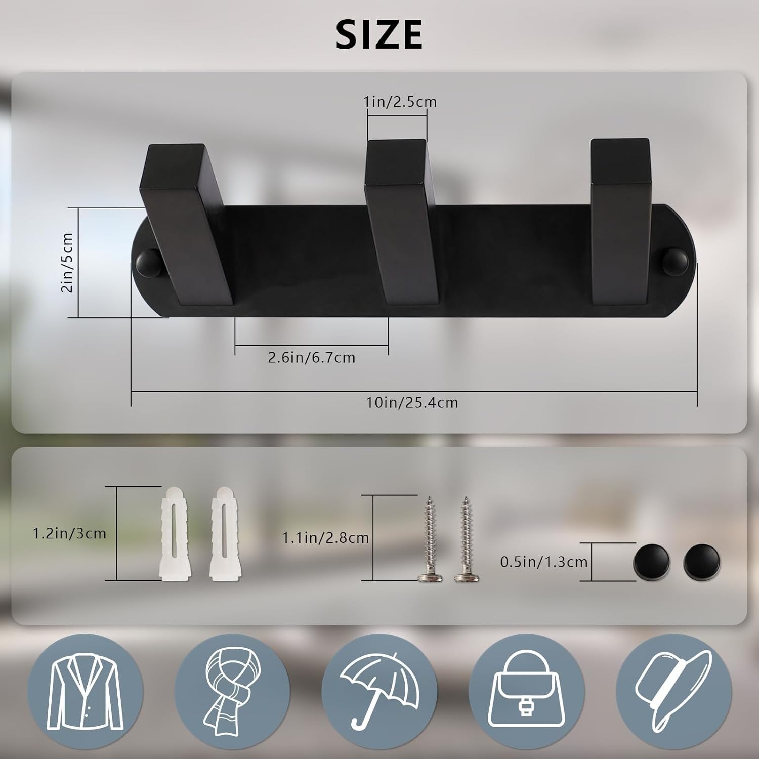 Black Metal Wall Coat Rack 3 Square Hooks Heavy Duty Modern Hanger for Bathroom