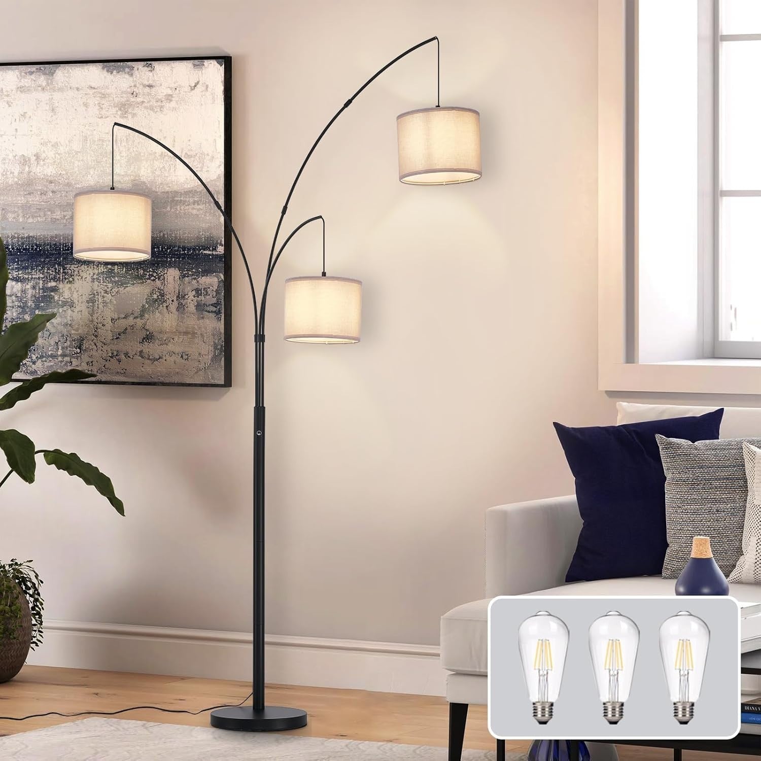 Modern 3-Light Dimmable Floor Lamp with Grey Shades for Living Room Office