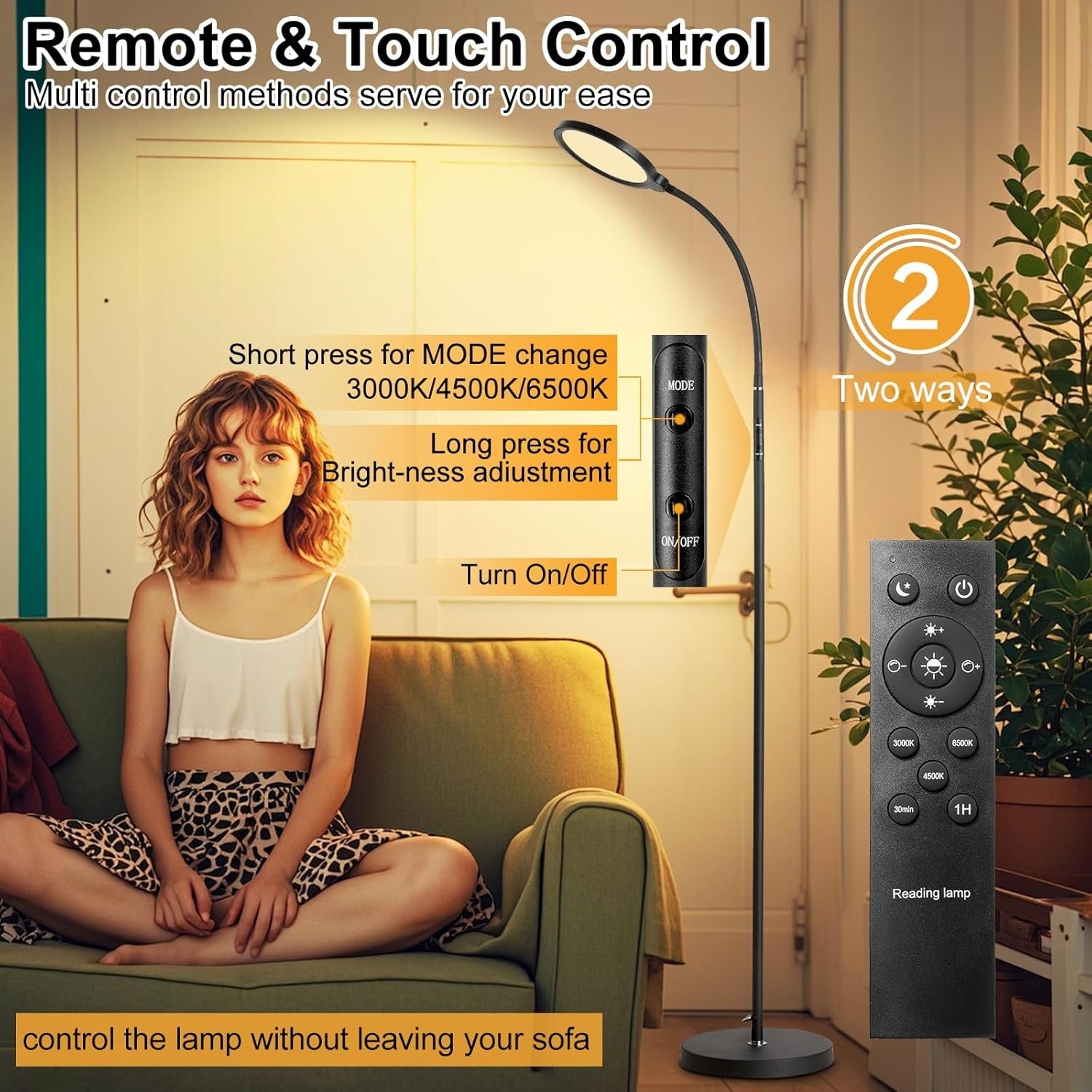 LED Floor Lamp Reading Light Dimmable Gooseneck Remote Touch Control