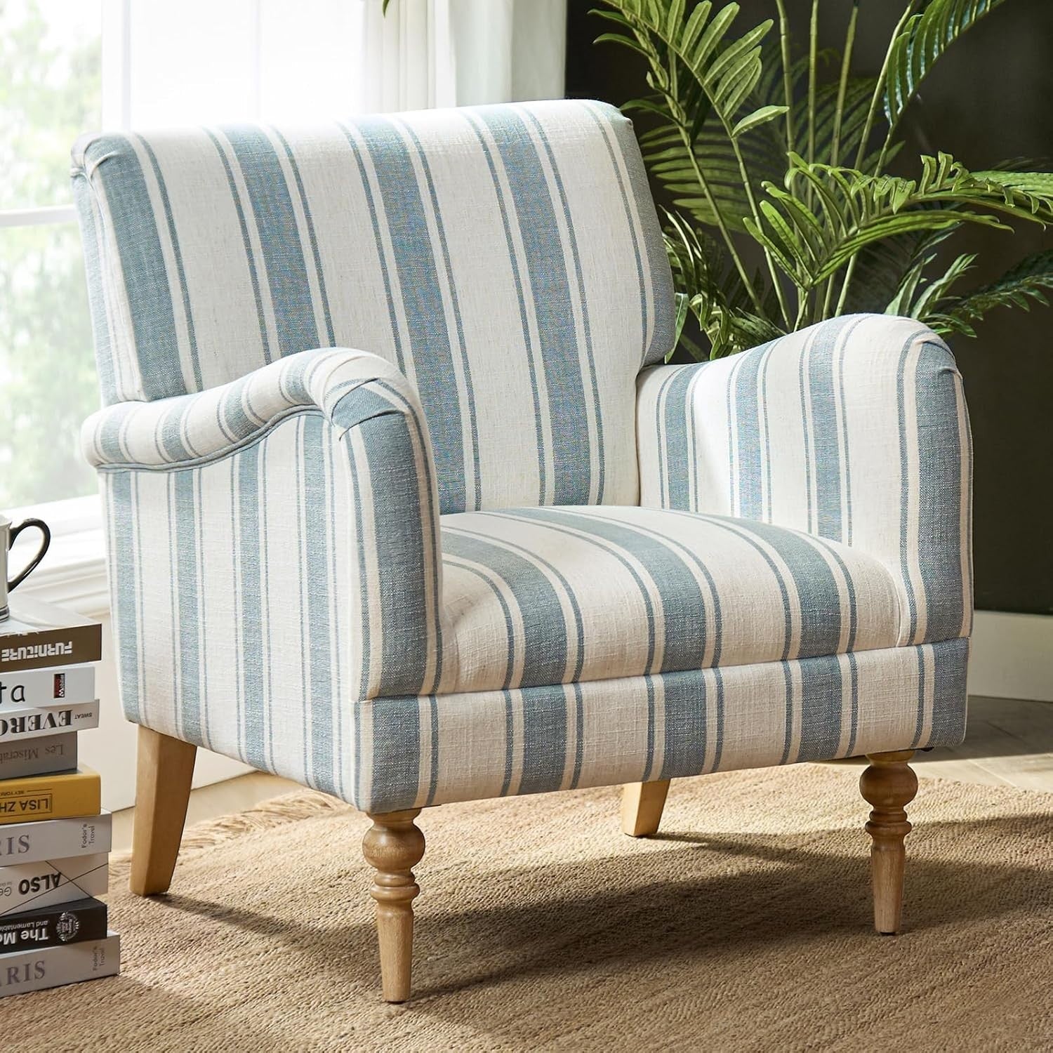 Striped Blue Accent Chair Upholstered Armchair for Living Room Bedroom