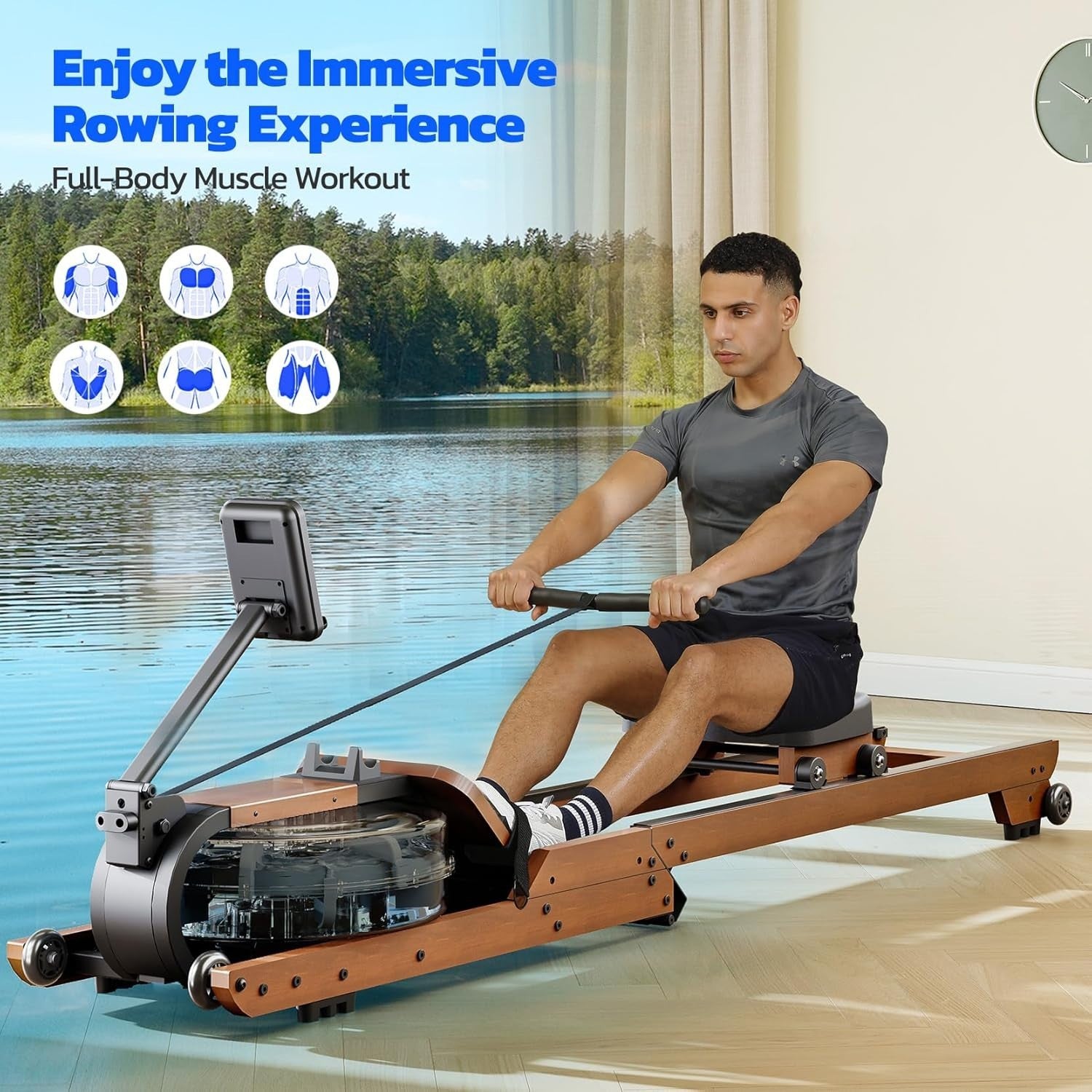 Foldable Oak Wood Water Rowing Machine Bluetooth LCD Home Rower 400LB