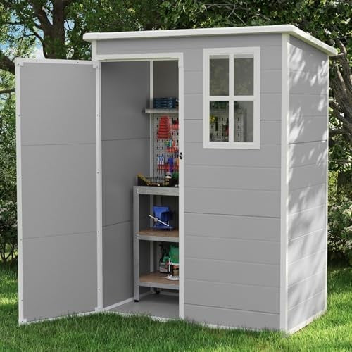 Plastic Garden Shed 5x3FT Outdoor Storage with Lock, Window & Floor Grey White