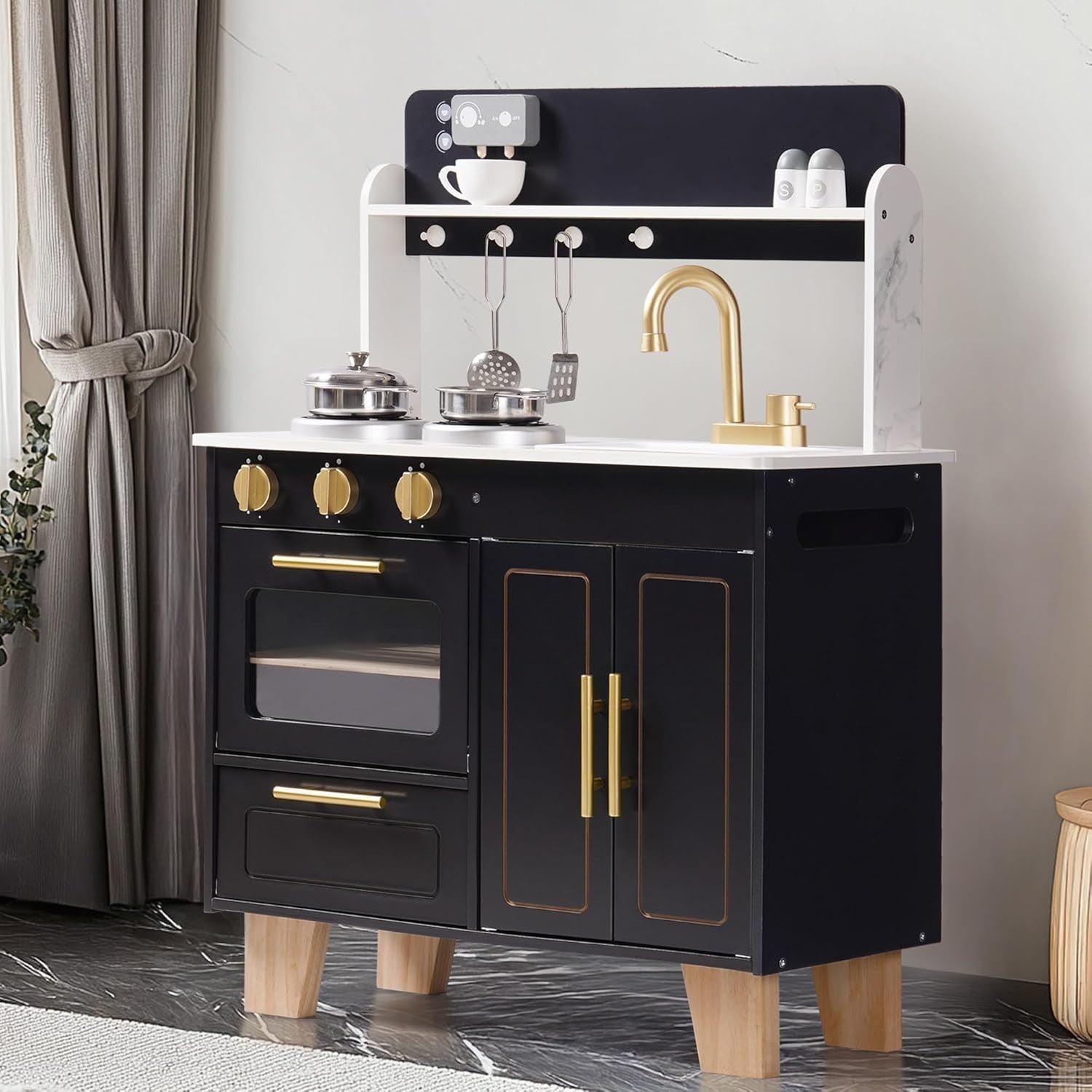 Kids Wooden Play Kitchen w/ Coffee Machine Black Pretend Toy