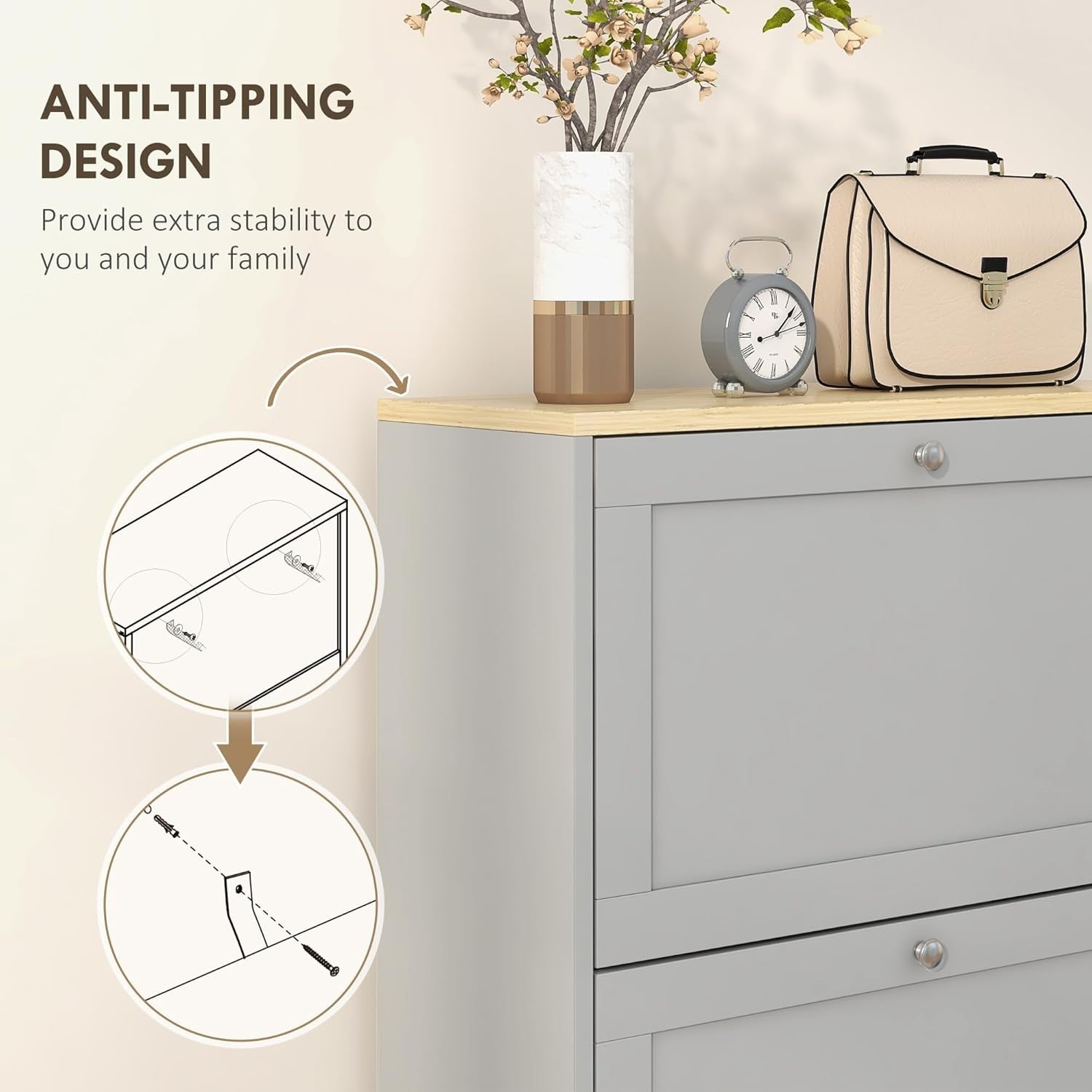 Slim Grey Shoe Cabinet 3 Flip Drawers Adjustable Shelves Space Saver