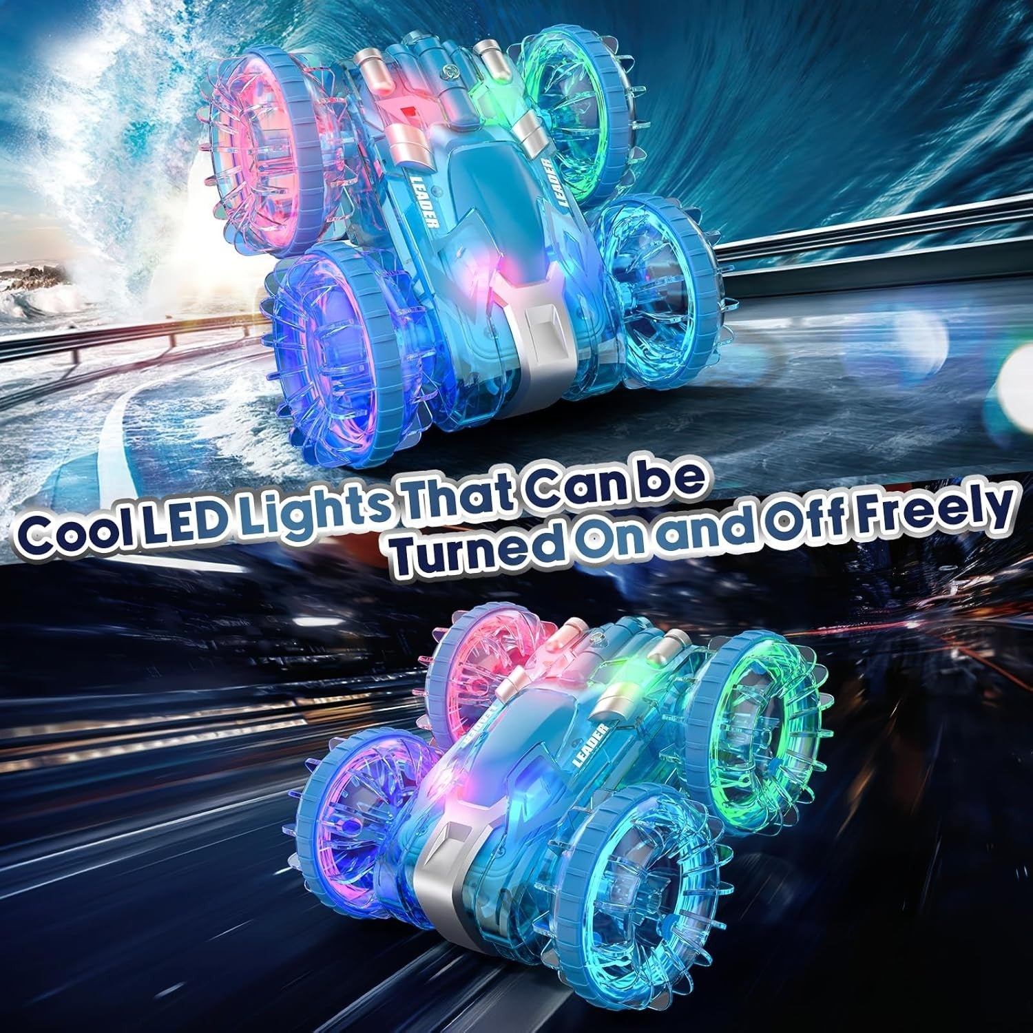 Waterproof RC Stunt Car 4WD 360° Rotation Dual Remote Control Toy – LED Lights