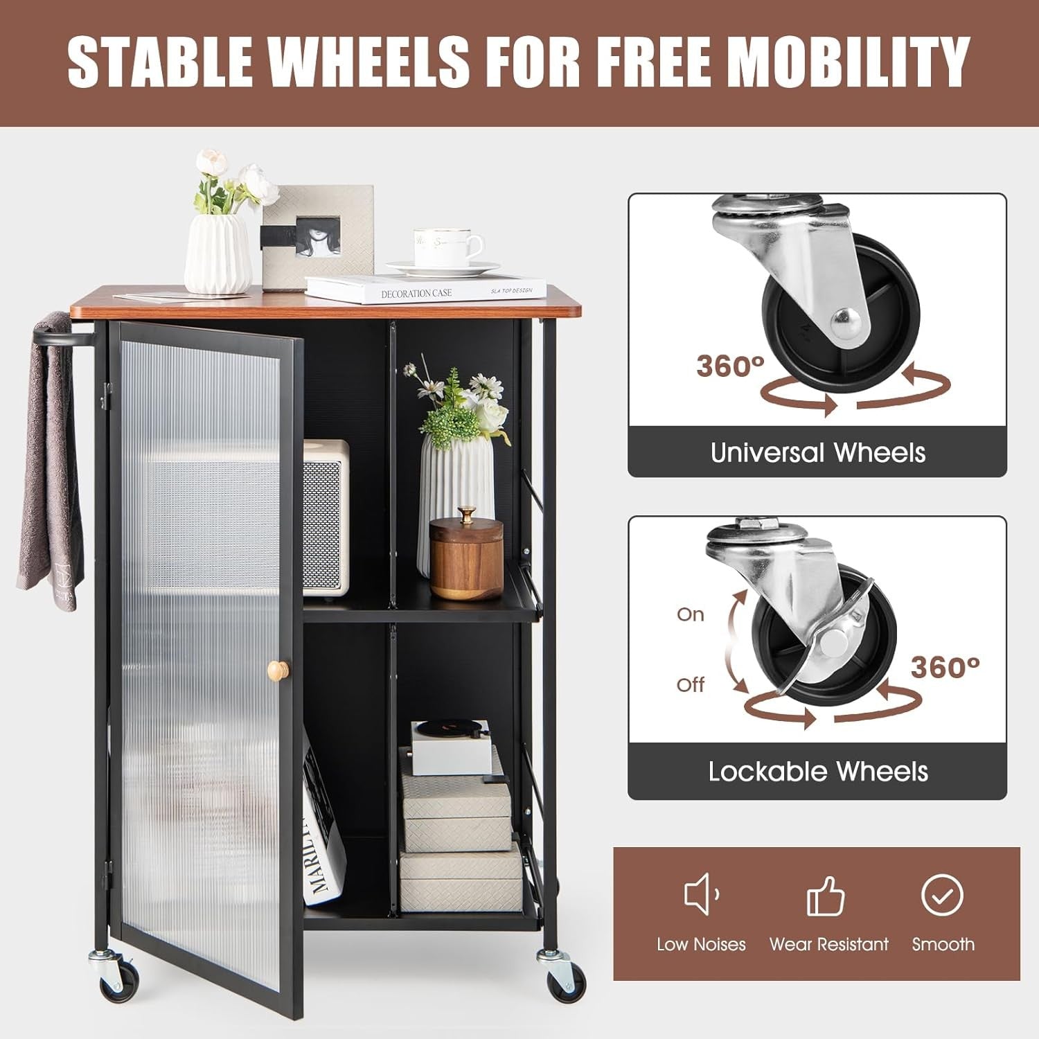 Kitchen Trolley on Wheels Storage Cabinet Wooden Top Shelves Door