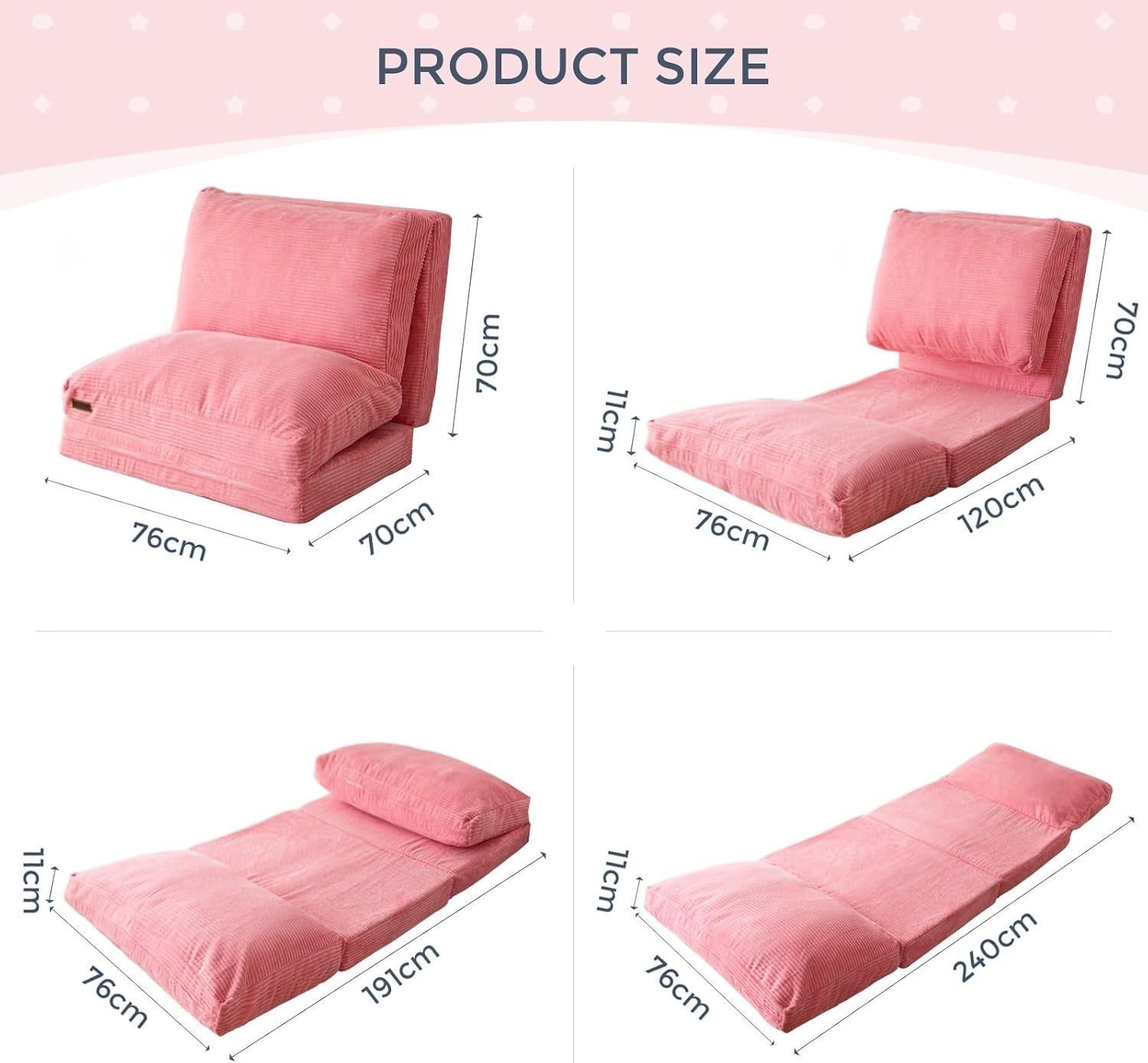 Pink Corduroy 4 Fold Sofa Floor Bed Chair 75x240cm Washable Cover Foam