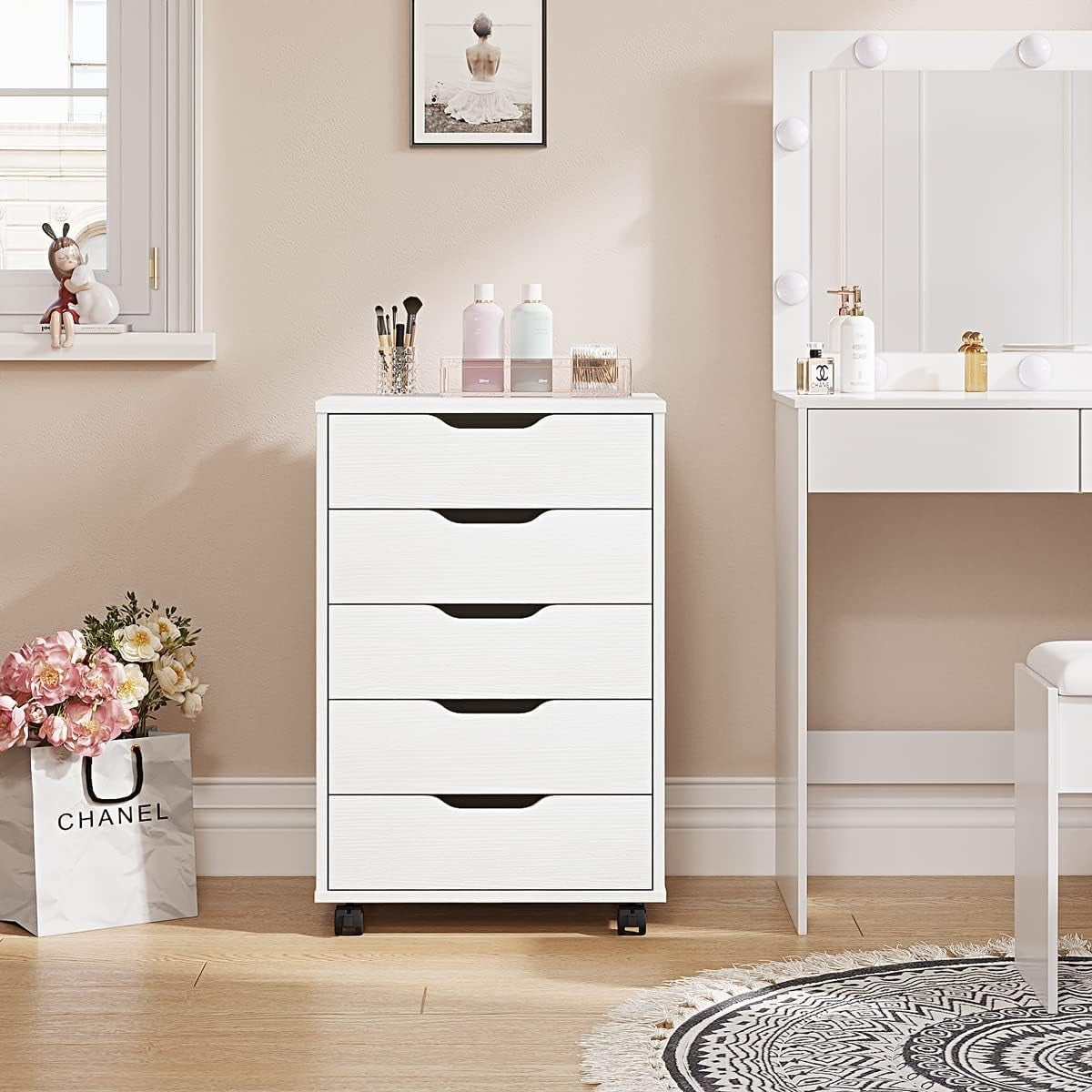 5 Drawer Mobile Filing Cabinet with Wheels Office Storage Chest White