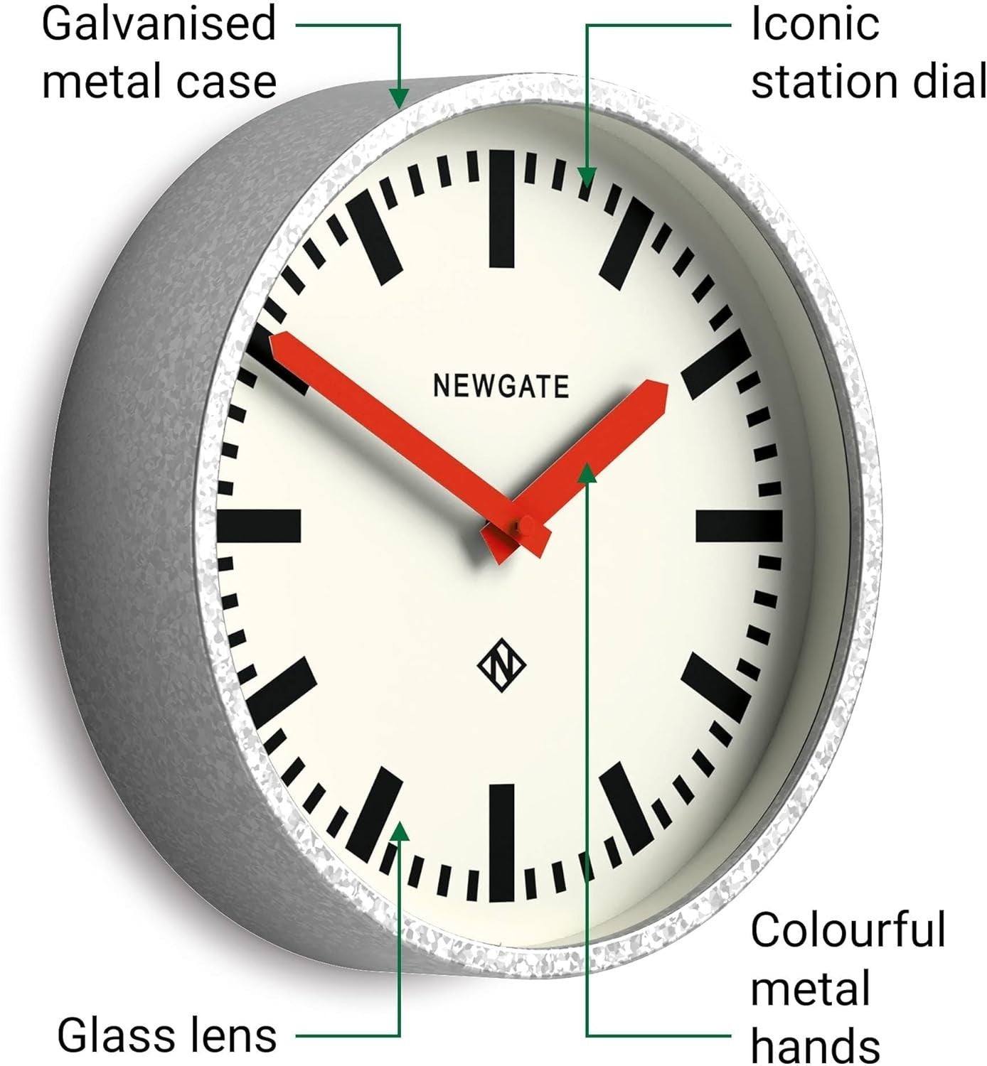 30cm Retro Silent Wall Clock Red Hands Galvanised Metal Industrial Decor