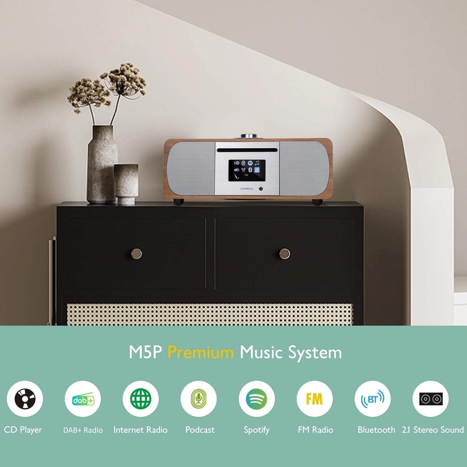 WiFi Internet Radio CD Player DAB+ Bluetooth Hi-Fi 35W Stereo Walnut