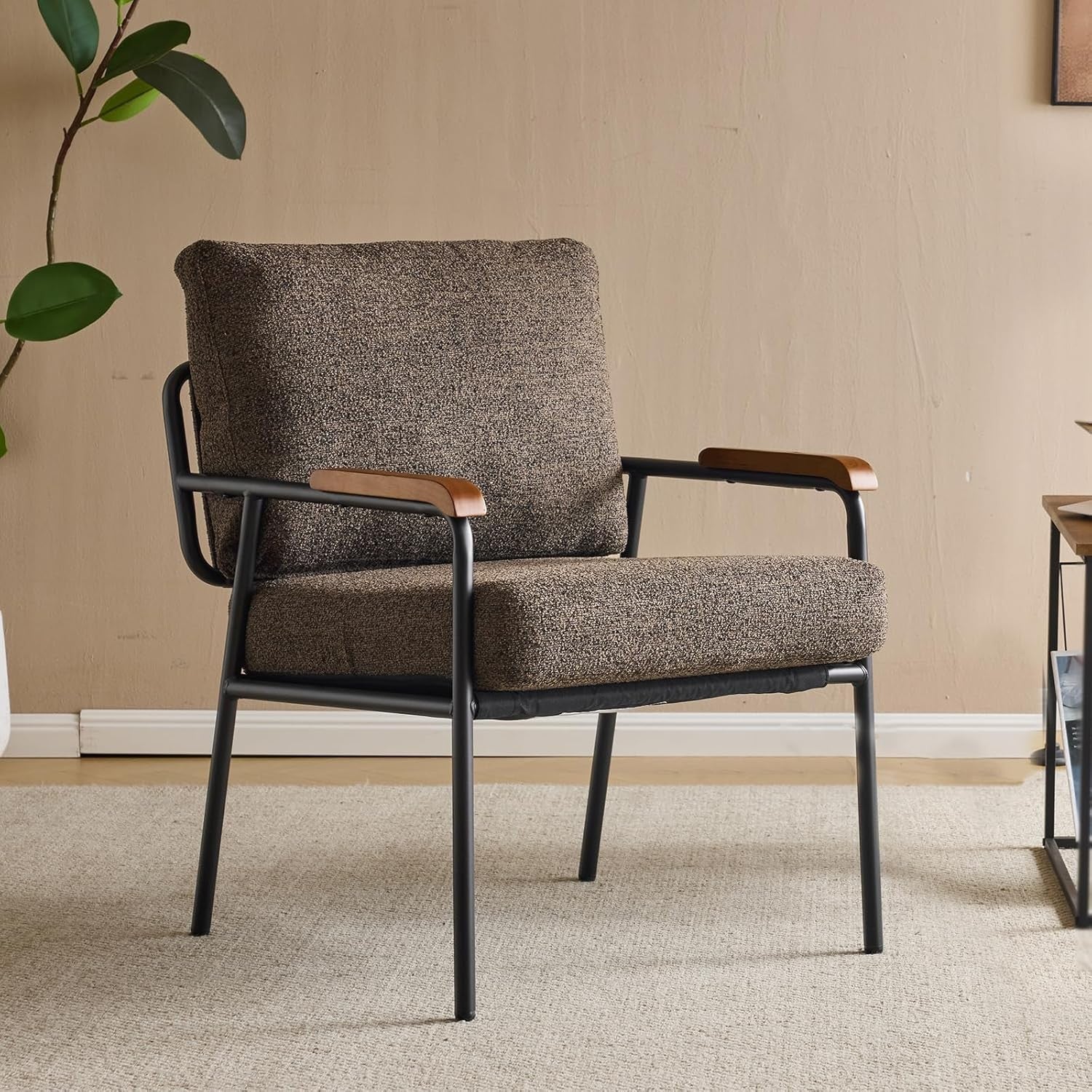 Mid Century Accent Armchair Linen Brown Metal Frame Lounge