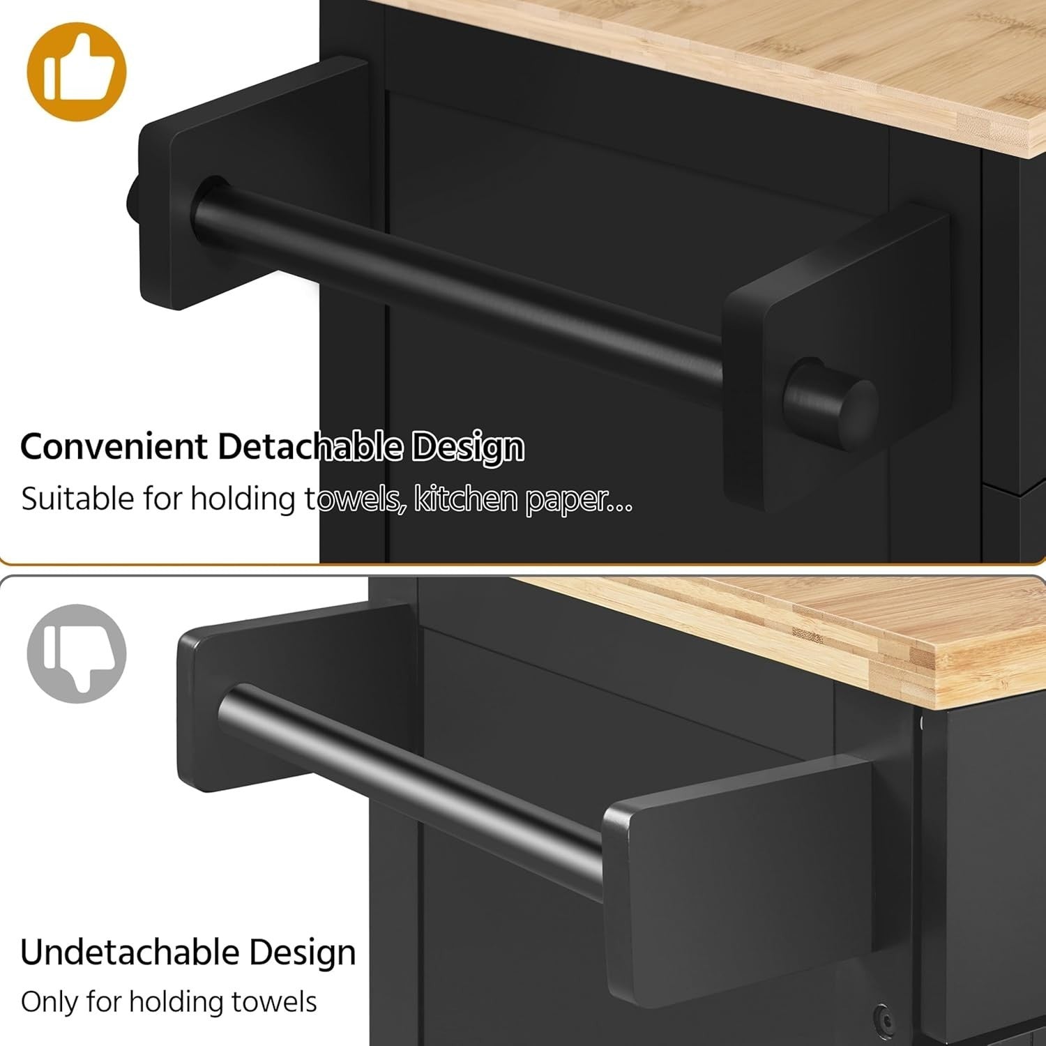 Black Kitchen Island Cart on Wheels w/ Bamboo Top Cabinet