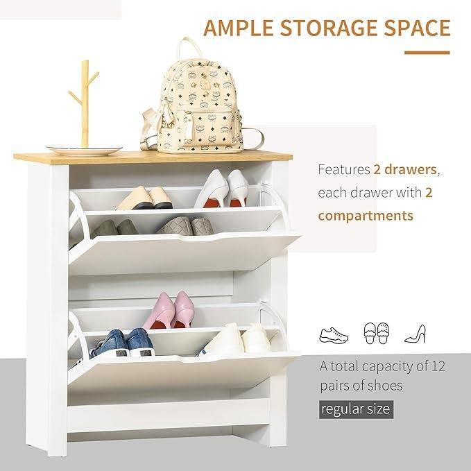 White Narrow Shoe Cabinet with 2 Flip Drawers, Wooden Top Hallway Storage Unit