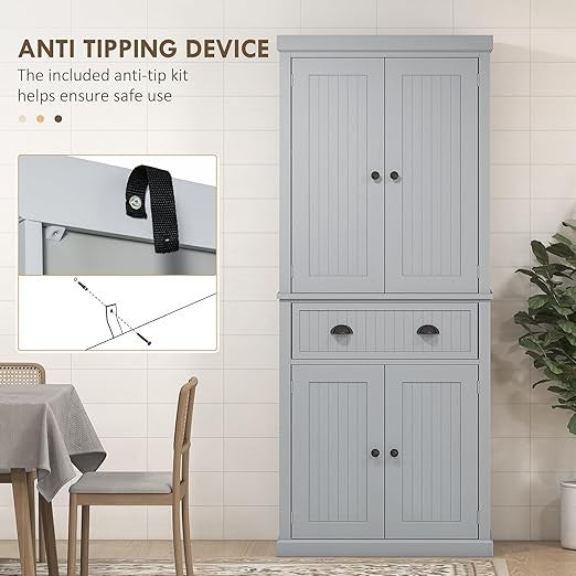 Tall Kitchen Storage Cabinet 4 Door Cupboard with Drawer & Adjustable Shelves