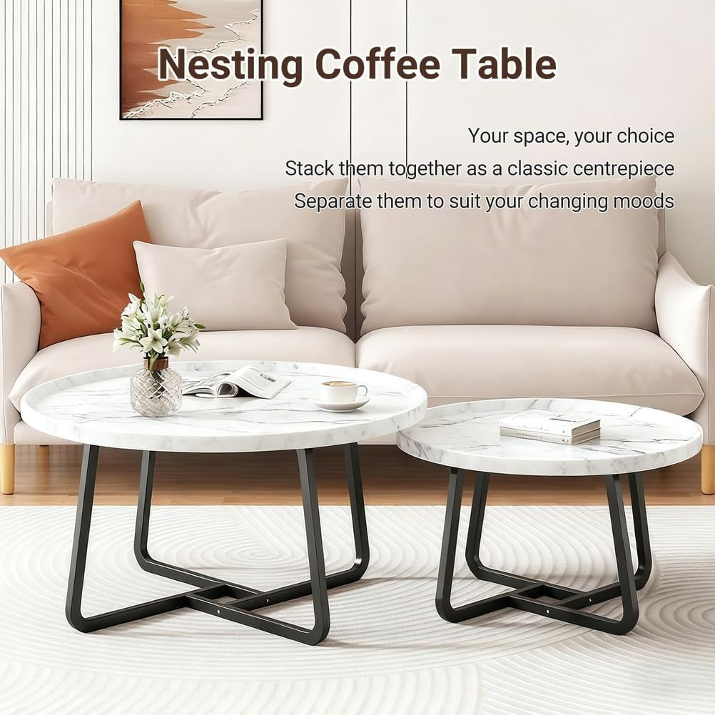 Square Coffee Table Set of 2 White Nesting Side Tables Carbon Steel Frame