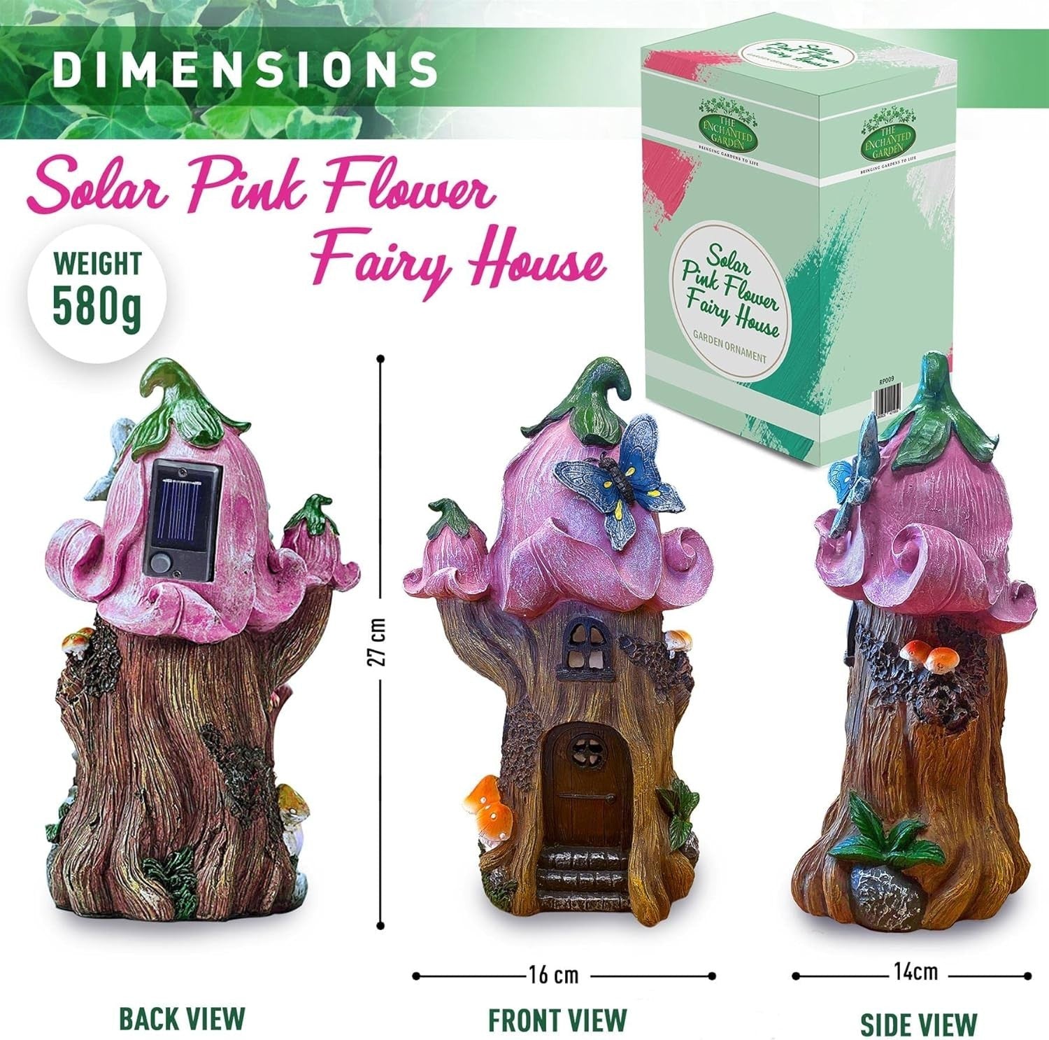 Solar Fairy House Garden Ornament Pink Flower LED Resin Patio Décor 27cm