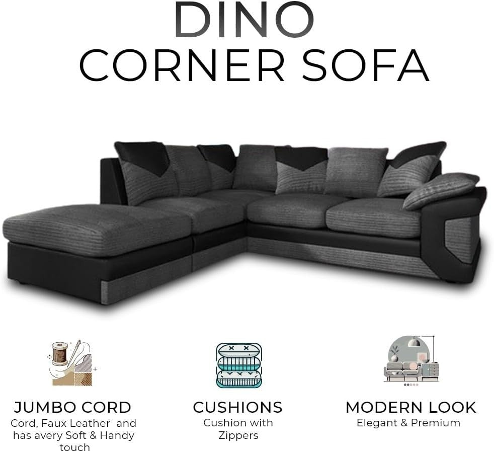 5-Seater Grey & Black Cord Leather L Shape Corner Sofa Modular Scatter Back