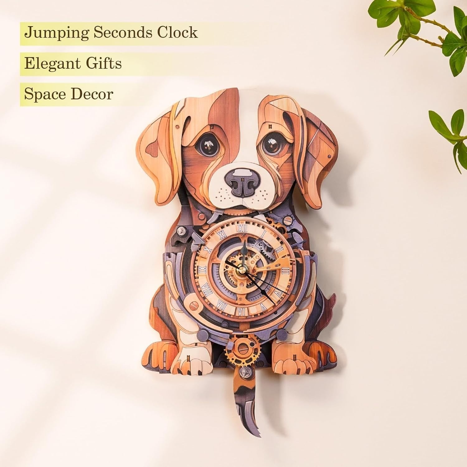 3D Wooden Beagle Dog Puzzle Wall Clock with Pendulum, DIY Gift