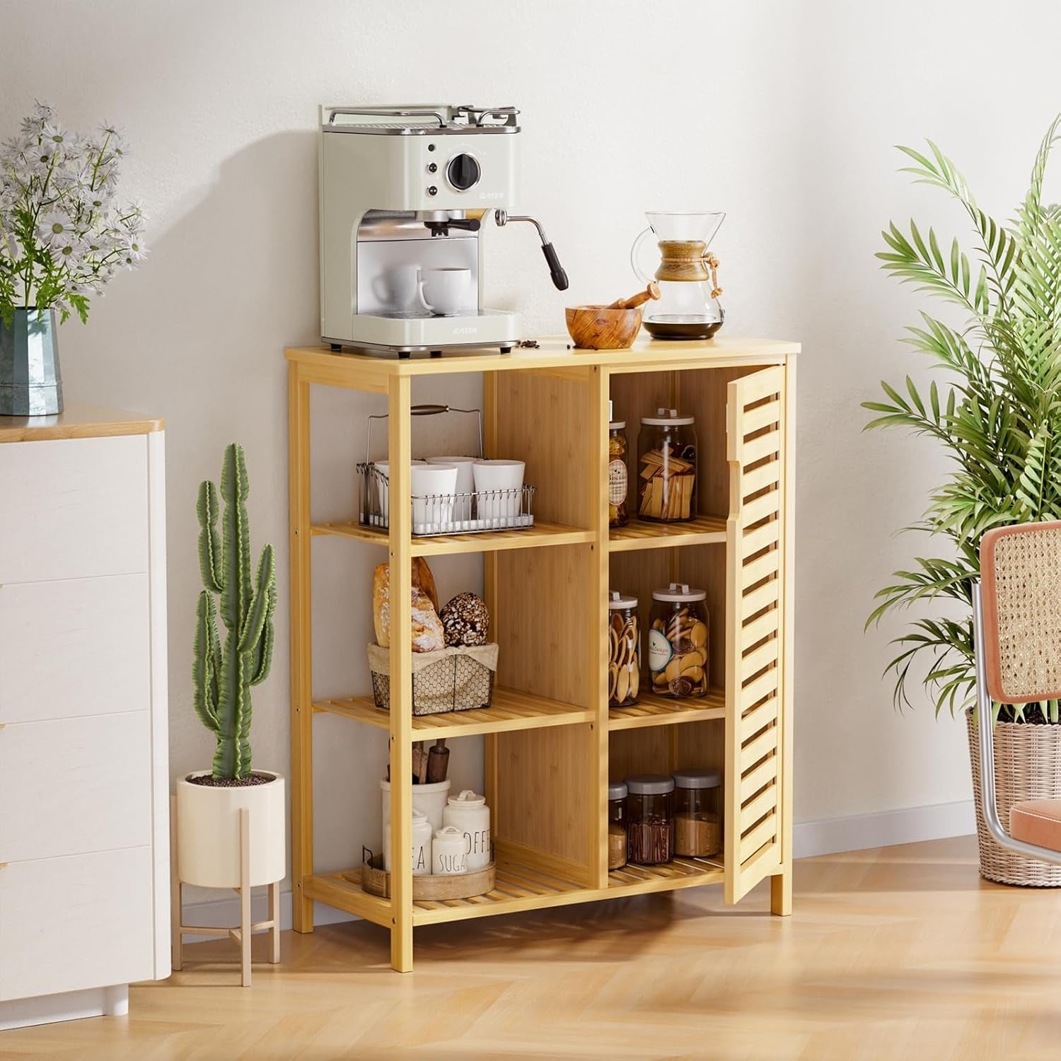 Natural Bamboo Storage Cabinet with Door & Shelves Modern 63x33x87cm