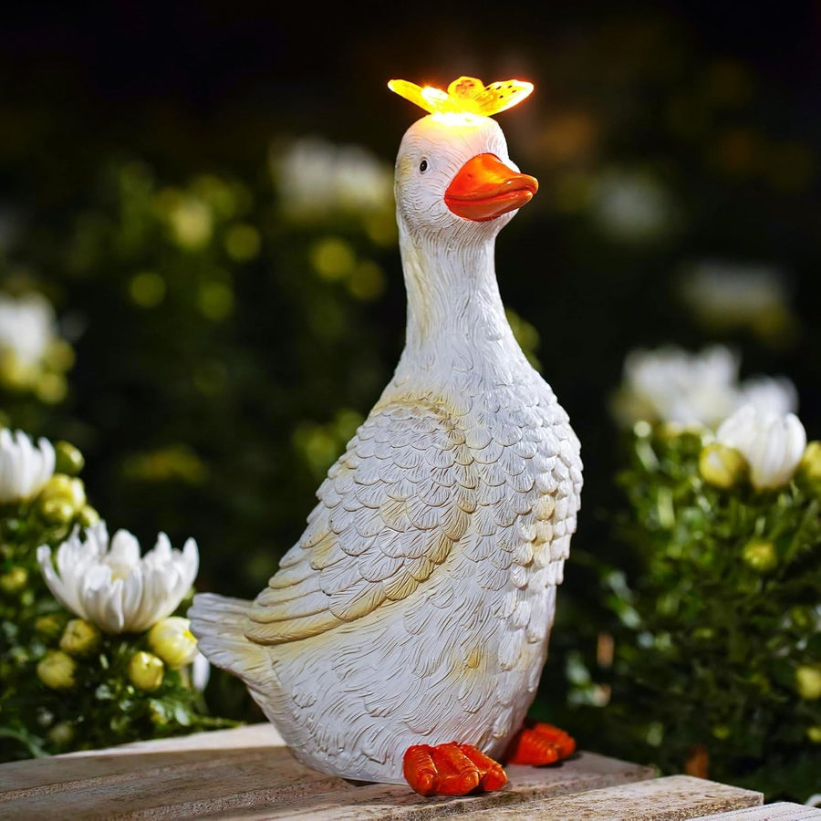 Solar Goose Garden Ornament White Resin Statue with Butterfly Light Outdoor