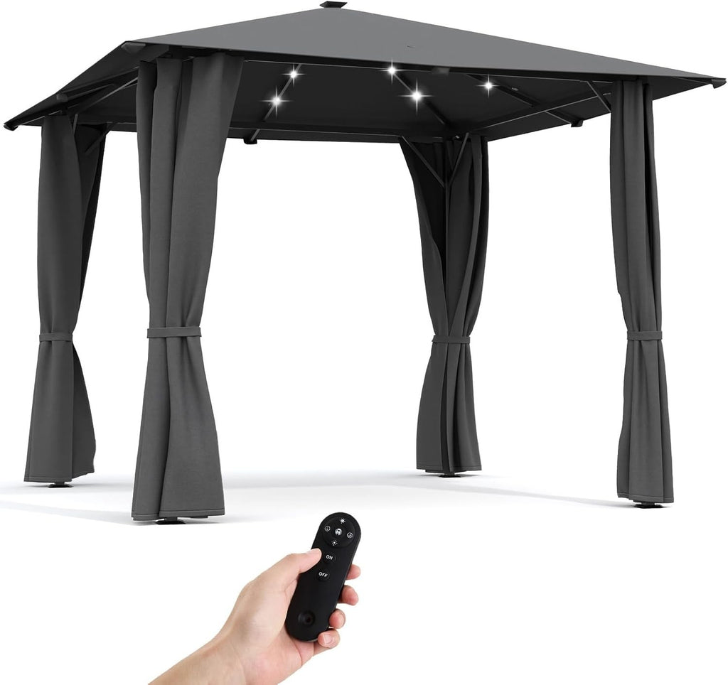 3x3M Metal Gazebo With Solar LED Lights & Curtains Outdoor Garden Patio Canopy