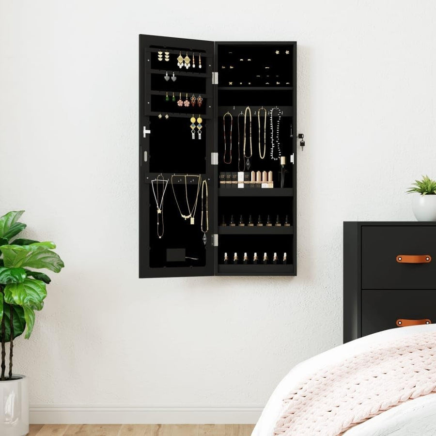 LED Wall Hanging Jewelry Armoire Mirror Lockable Slim Storage Black