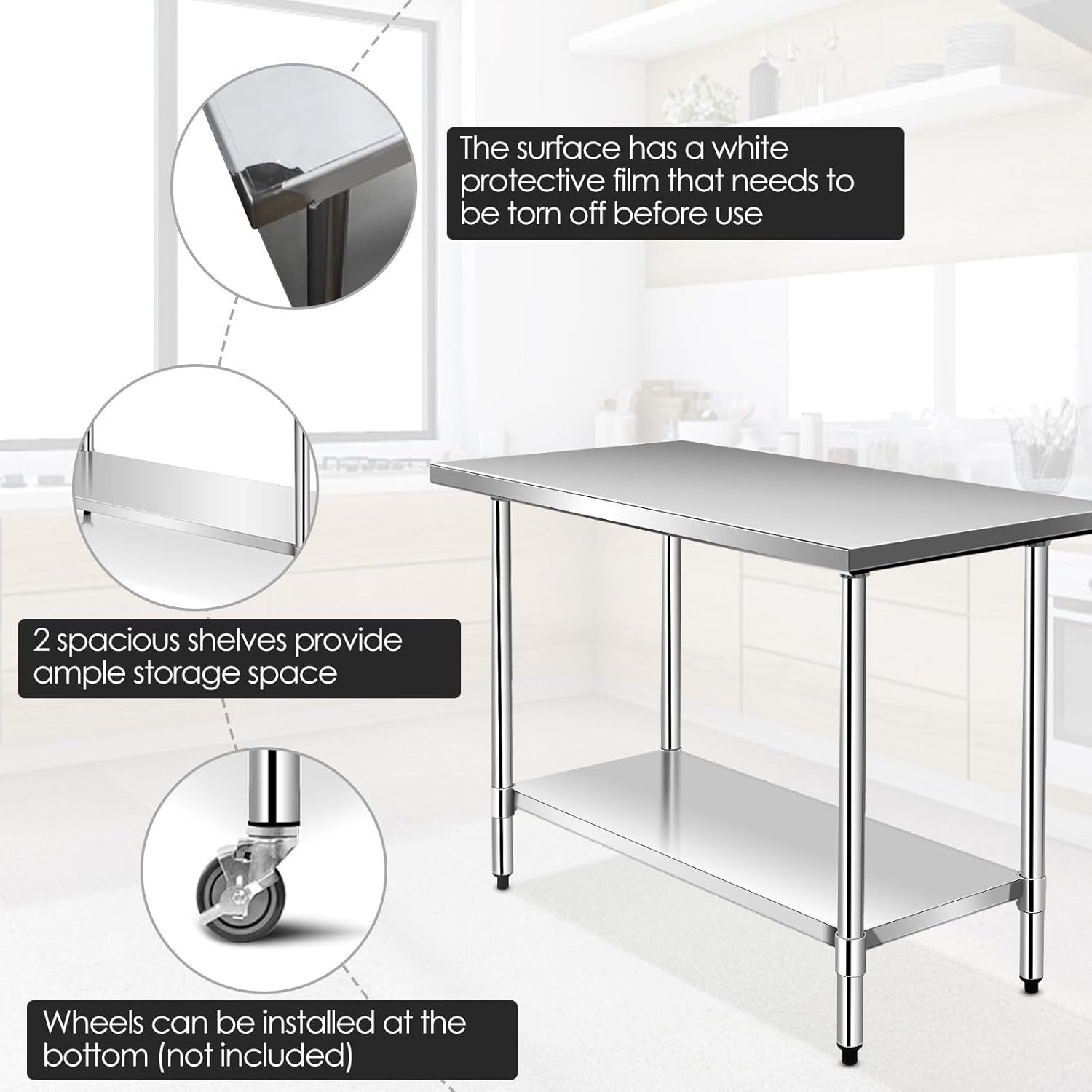 Stainless Steel Catering Table 250kg Commercial Prep Bench Adjustable Shelf