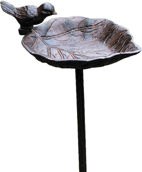Cast Iron Leaf Bird Bath with Bird – Garden Stake Feeder Outdoor Ornament