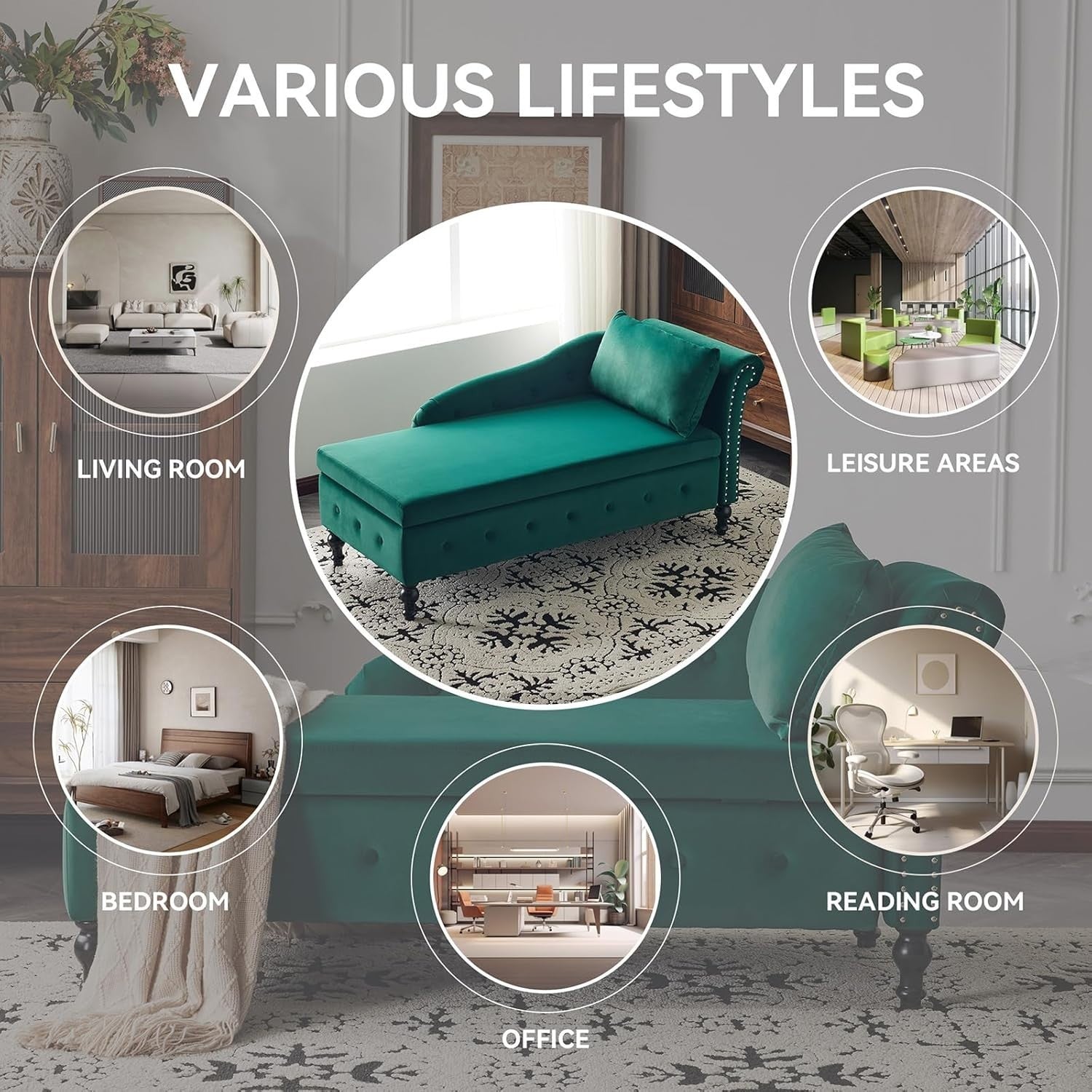 Velvet Chaise Lounge Sofa with Storage, Button Tufted, Green, Ergonomic